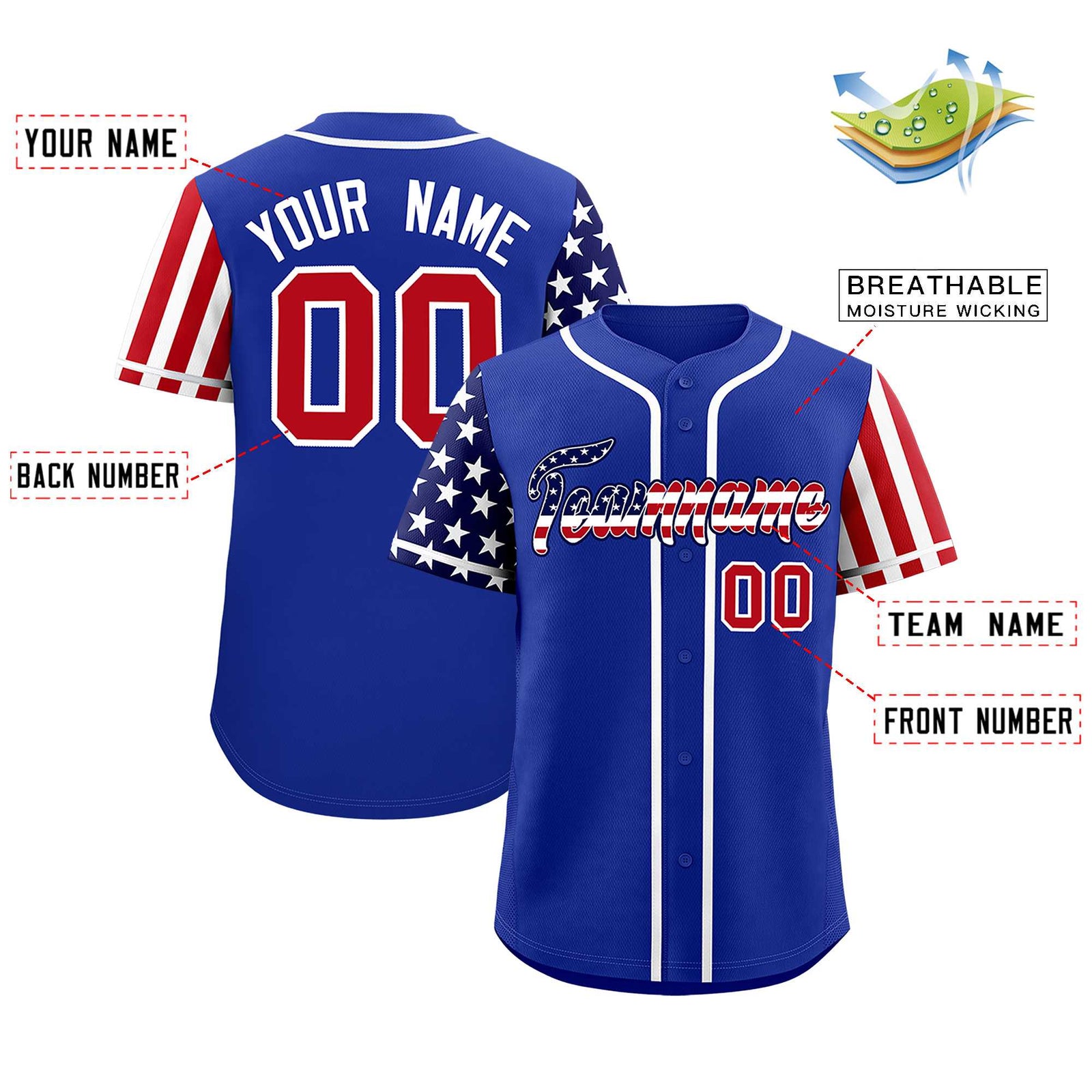 Custom Royal Blue American Flag Design Personalized Baseball Jersey