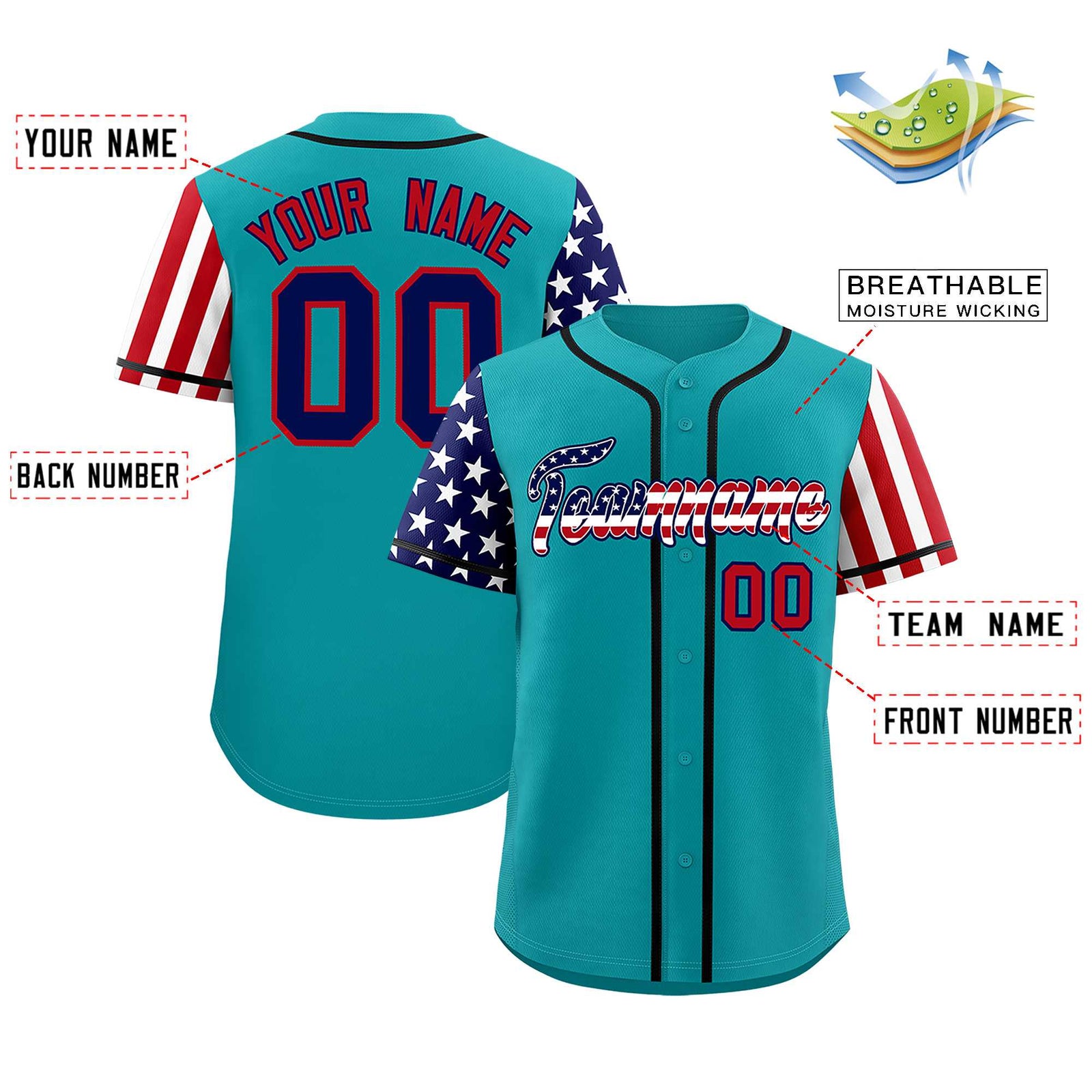 Custom Aqua American Flag Design Personalized Baseball Jersey