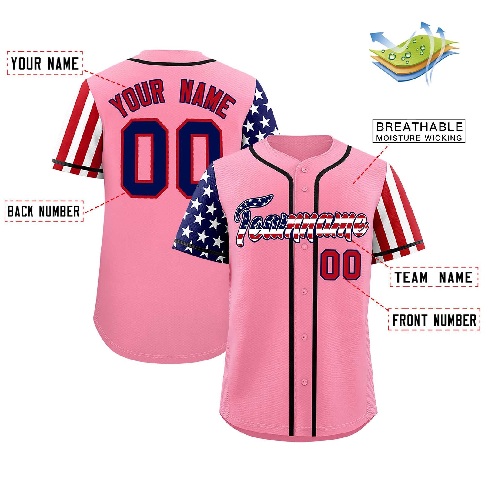 Custom Light Pink American Flag Design Personalized Baseball Jersey