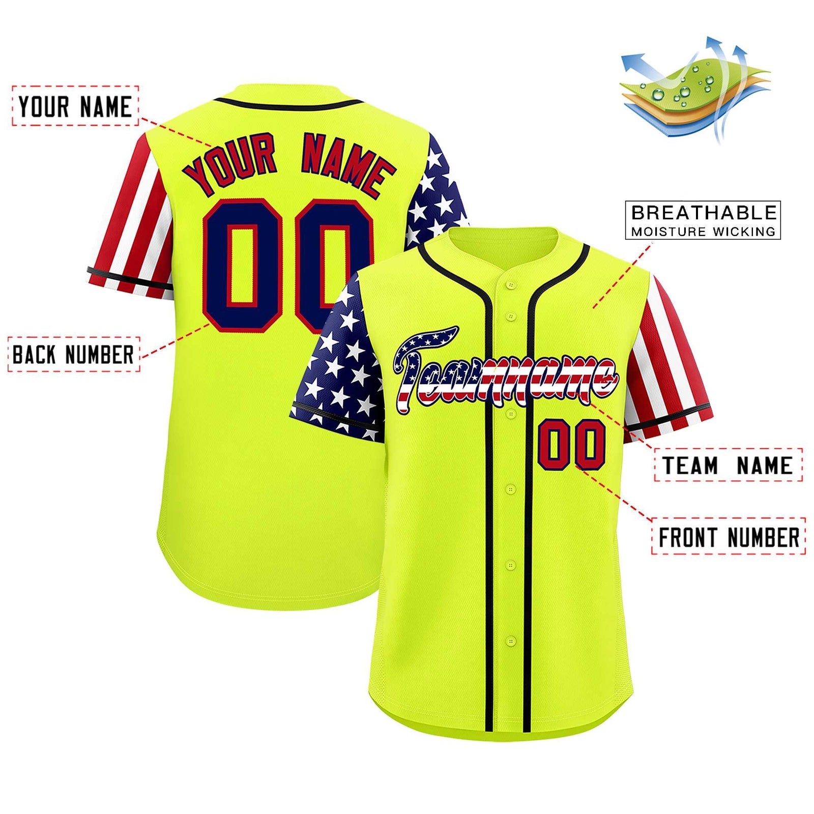 Custom Fluorescent Green American Flag Design Personalized Baseball Jersey