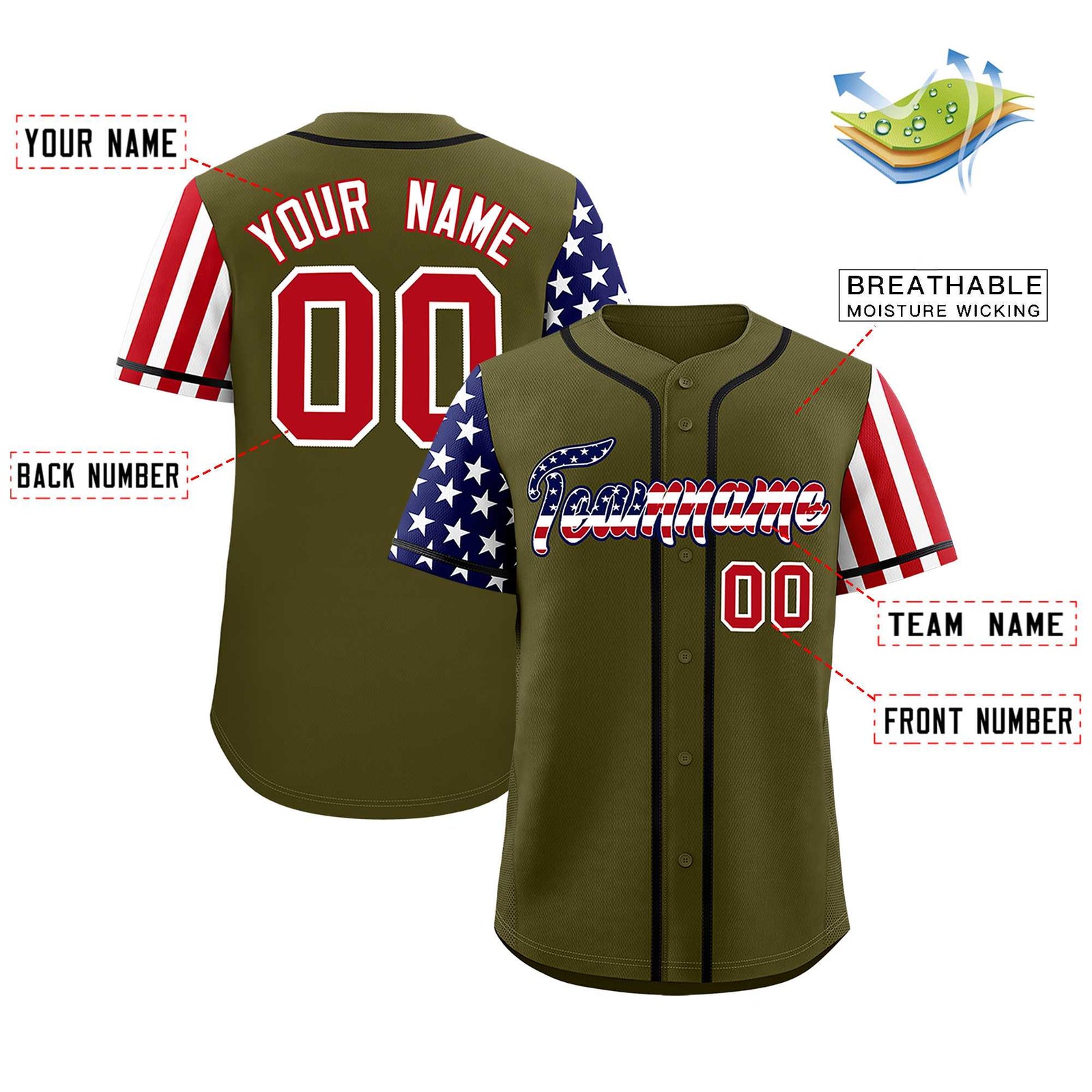 Custom Olive American Flag Design Personalized Baseball Jersey