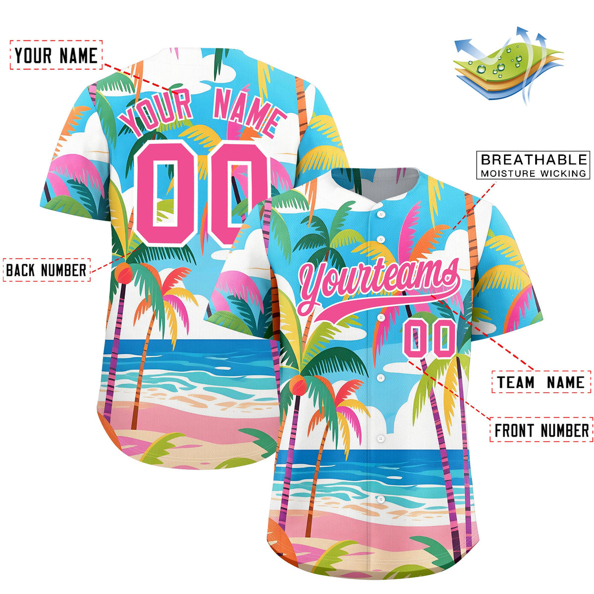 Custom Pink White Seaside Palm Tree Pattern Graffiti Hawaiian Style Baseball Jersey| KXKSHOP