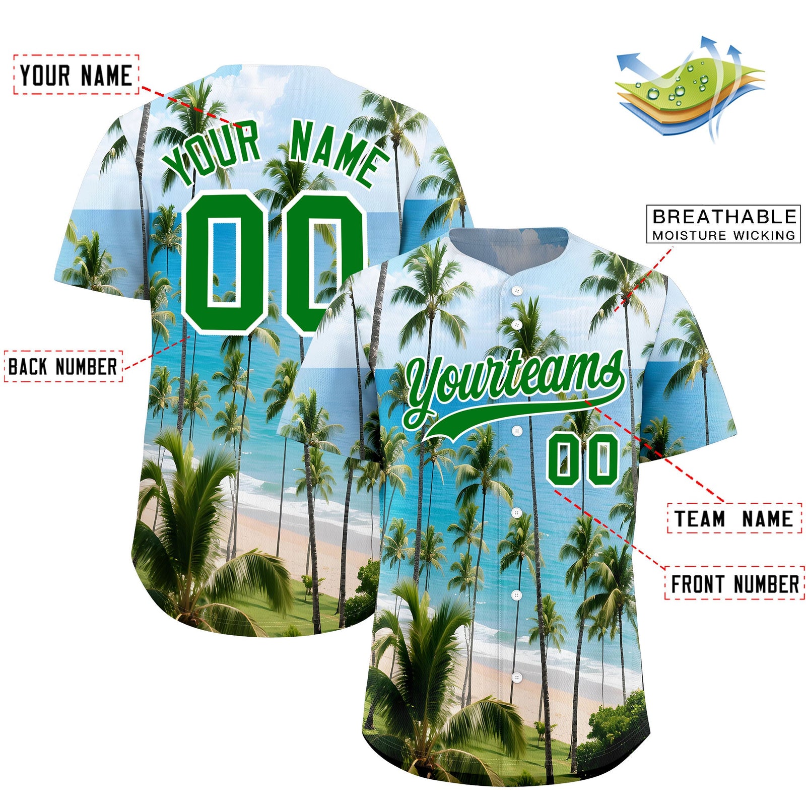 Custom Kelly Green White Seaside Palm Tree Pattern Graffiti Hawaiian Style Baseball Jersey| KXKSHOP