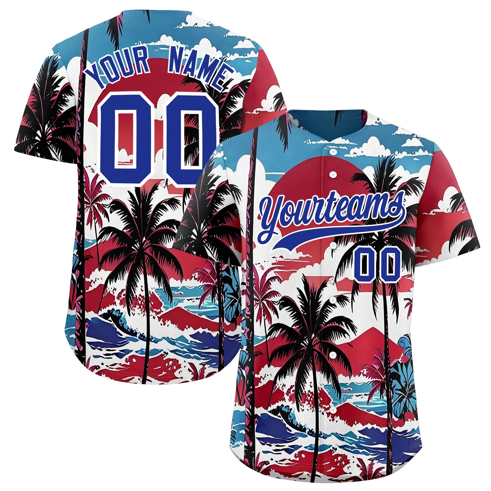 Custom White Royal Blue Palm Tree Pattern Graffiti Hawaiian Style Baseball Jersey| KXKSHOP