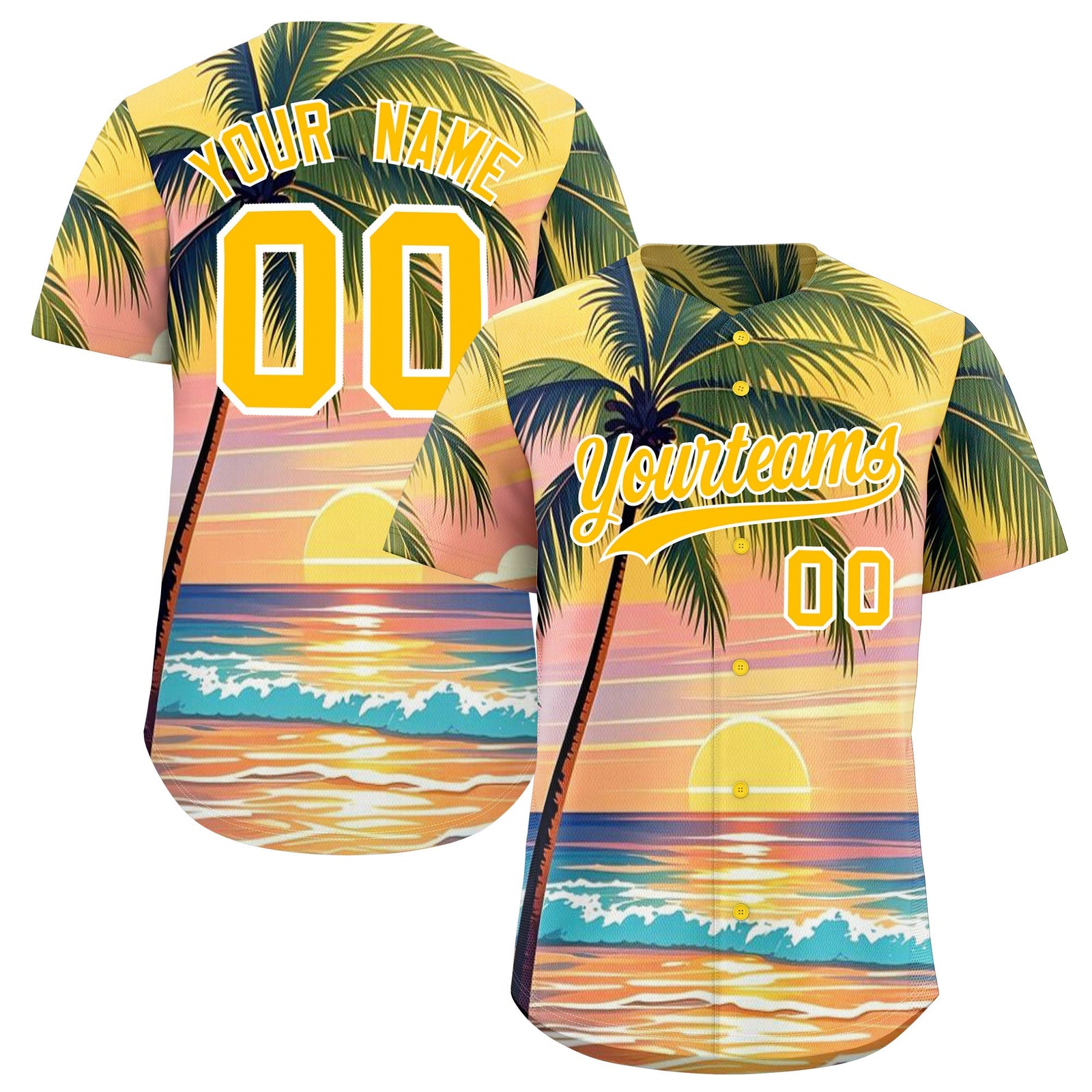 Custom Yellow White Palm Tree Pattern Graffiti Hawaiian Style Baseball Jersey| KXKSHOP