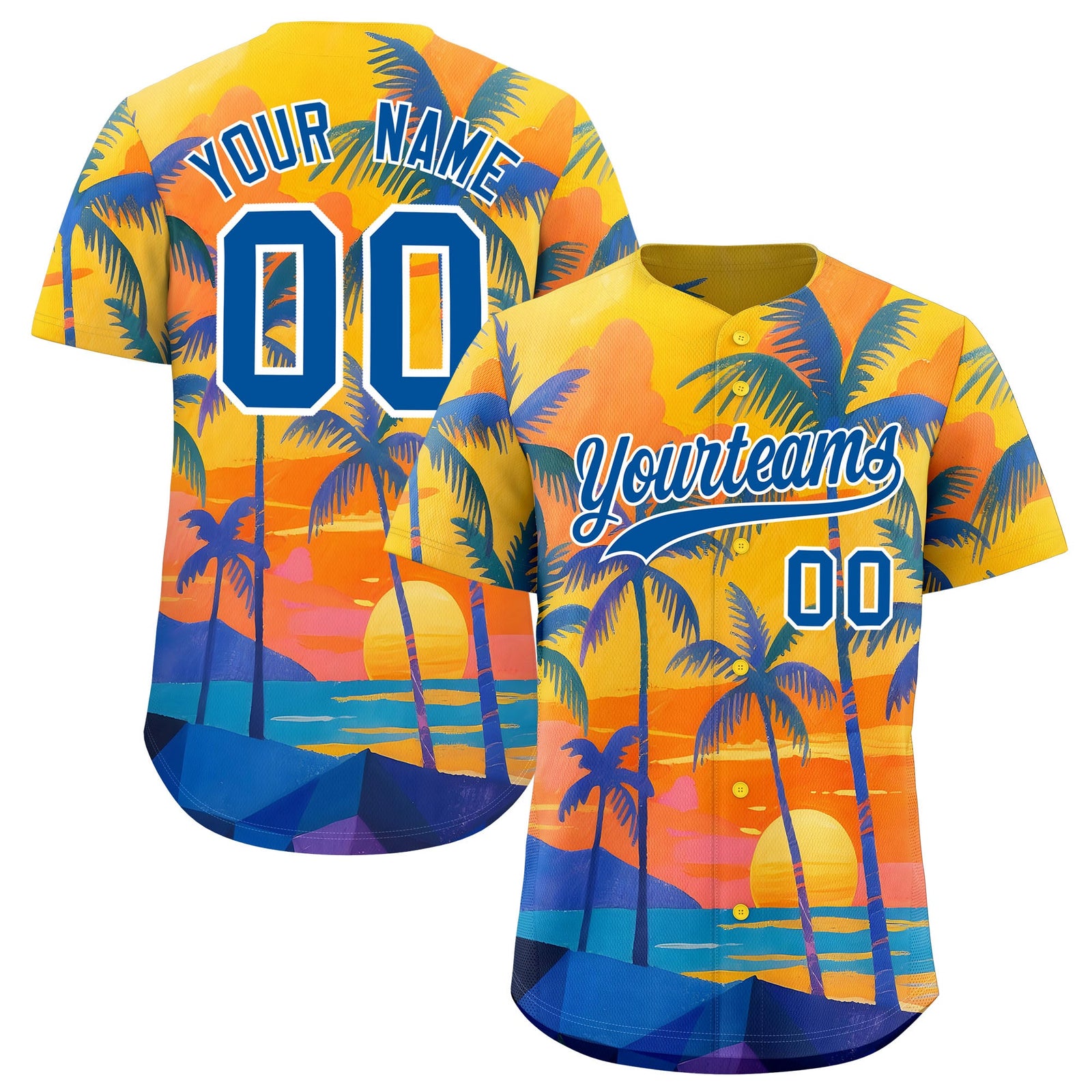 Custom Royal White Palm Tree Pattern Graffiti Hawaiian Style Baseball Jersey| KXKSHOP