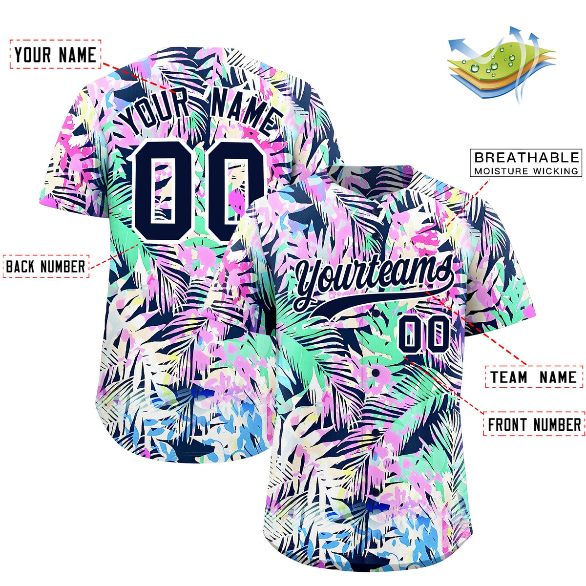 Custom White Navy Palm Tree Pattern Graffiti Hawaiian Style Baseball Jersey| KXKSHOP