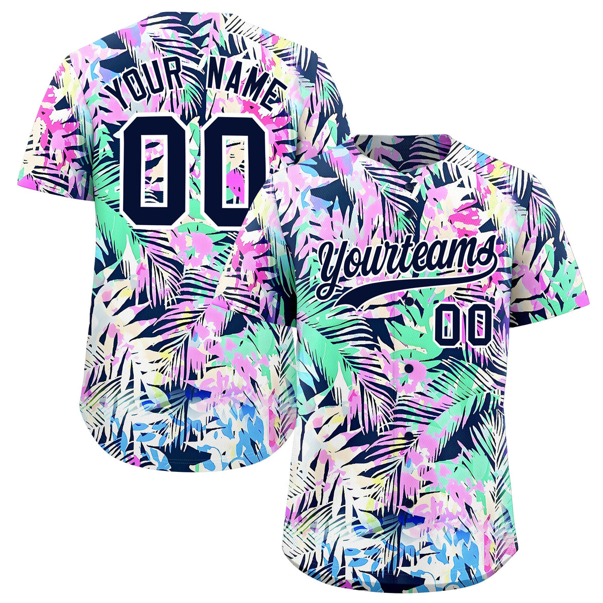 Custom White Navy Palm Tree Pattern Graffiti Hawaiian Style Baseball Jersey| KXKSHOP