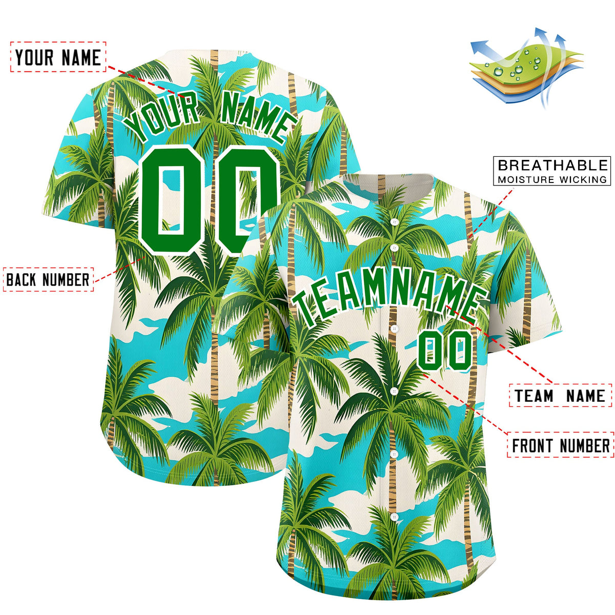 Custom Kelly Green White Palm Tree Pattern Graffiti Hawaiian Style Baseball Jersey| KXKSHOP