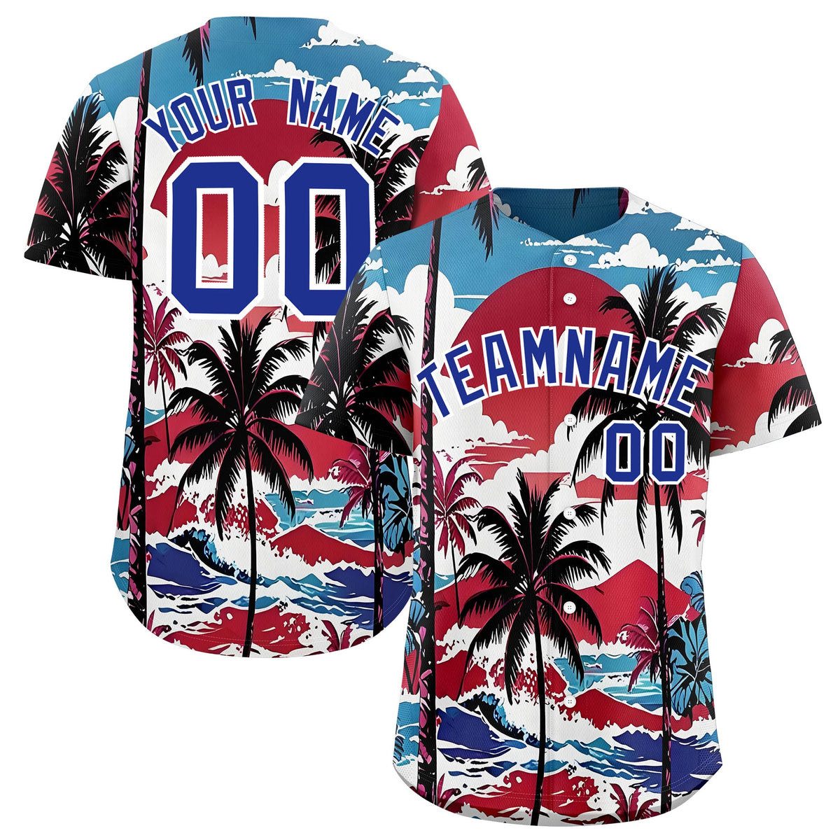 Custom White Royal Blue Palm Tree Pattern Graffiti Hawaiian Style Baseball Jersey| KXKSHOP