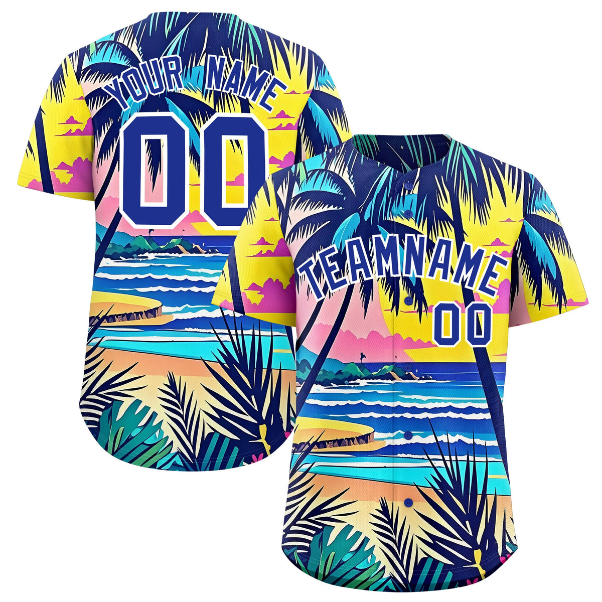 Custom Royal Blue White Palm Tree Pattern Graffiti Hawaiian Style Baseball Jersey| KXKSHOP