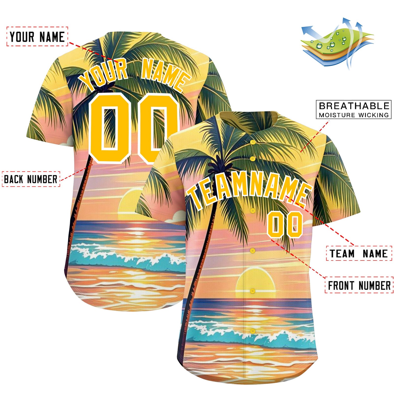 Custom Yellow White Palm Tree Pattern Graffiti Hawaiian Style Baseball Jersey| KXKSHOP