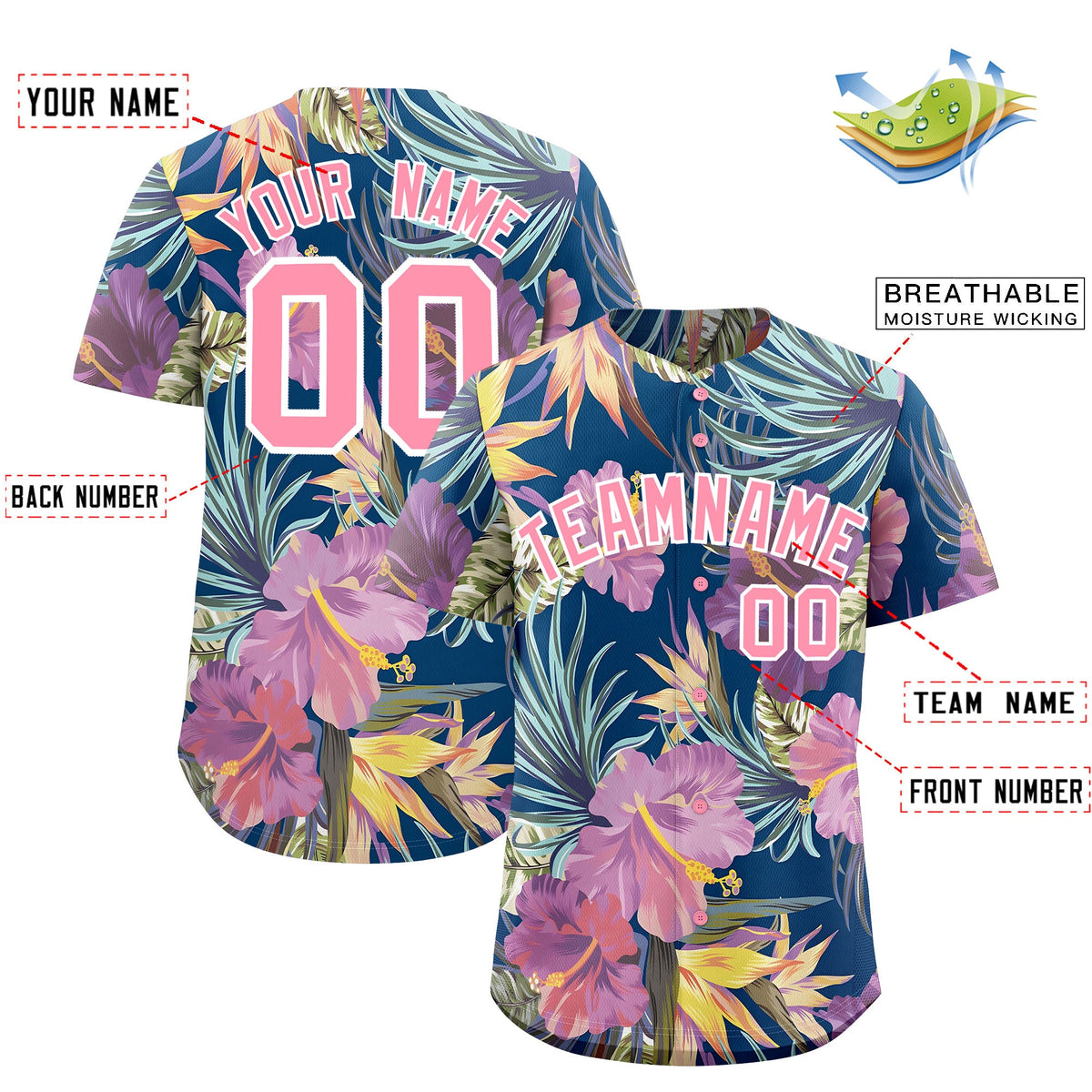 Custom Light Pink White Palm Tree Pattern Graffiti Hawaiian Style Baseball Jersey| KXKSHOP