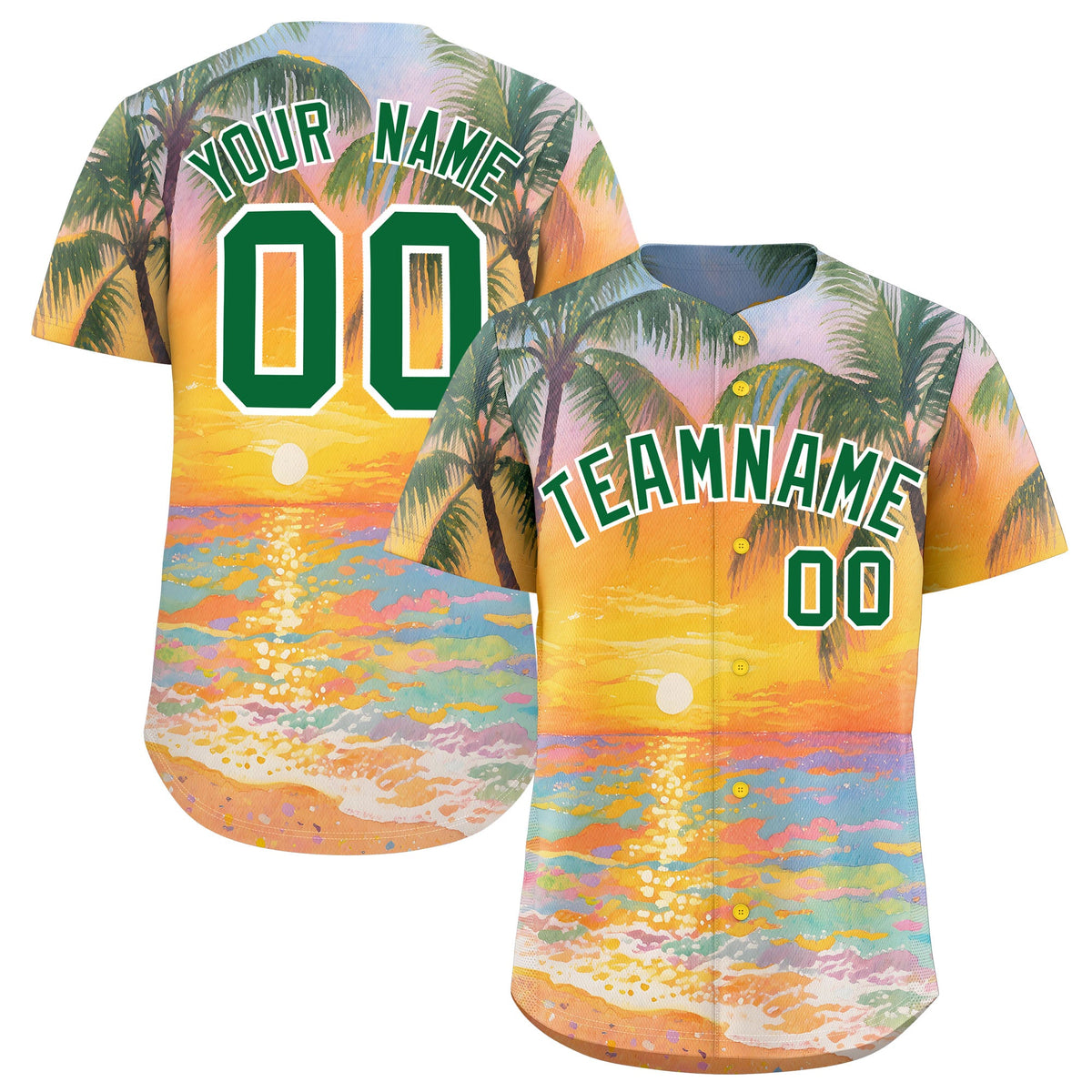 Custom Kelly Green White Sunset Palm Tree Pattern Graffiti Hawaiian Style Baseball Jersey| KXKSHOP
