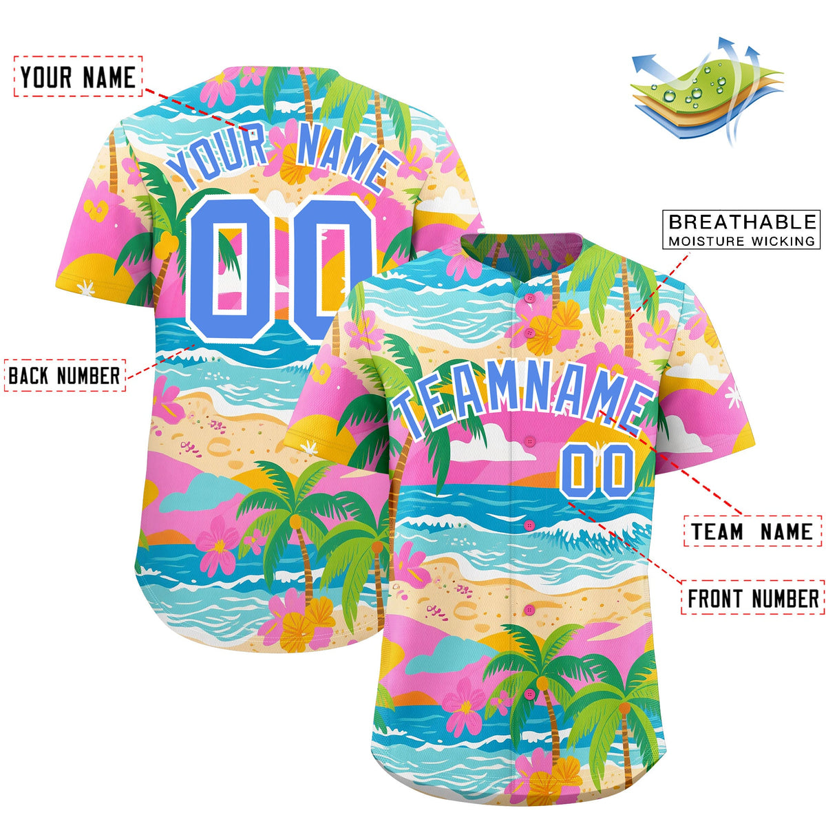 Custom Powder Blue White Palm Tree Pattern Graffiti Hawaiian Style Baseball Jersey| KXKSHOP