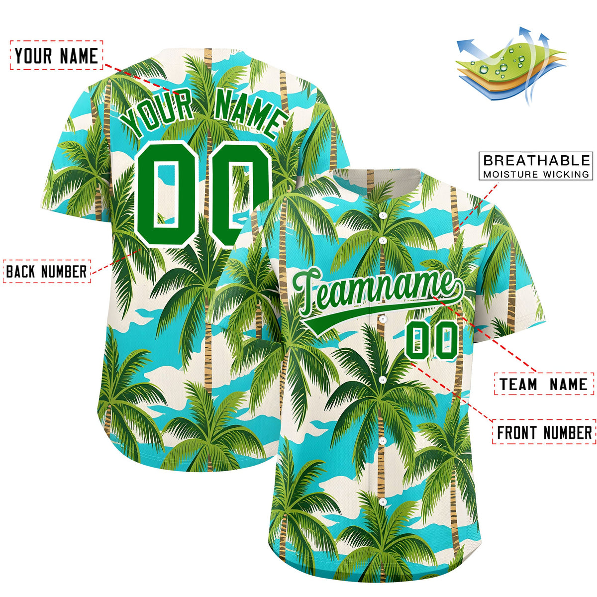 Custom Kelly Green White Palm Tree Pattern Graffiti Hawaiian Style Baseball Jersey| KXKSHOP