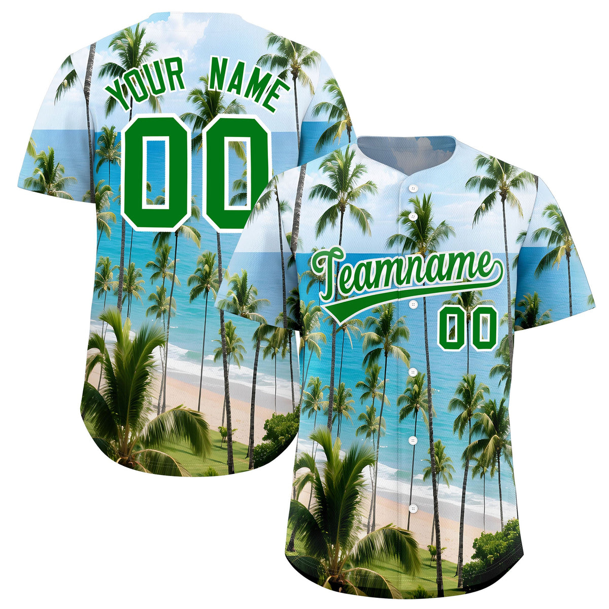 Custom Kelly Green White Seaside Palm Tree Pattern Graffiti Hawaiian Style Baseball Jersey| KXKSHOP