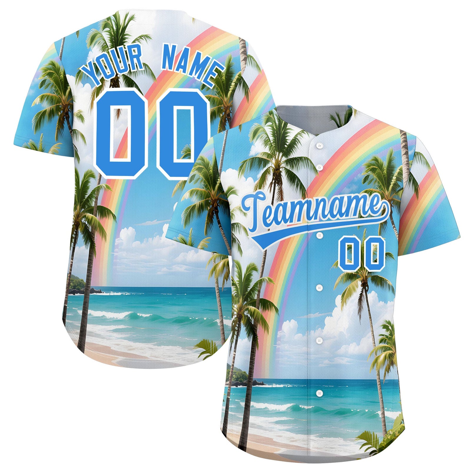 Custom Light Blue White Palm Tree Pattern Graffiti Hawaiian Style Baseball Jersey| KXKSHOP