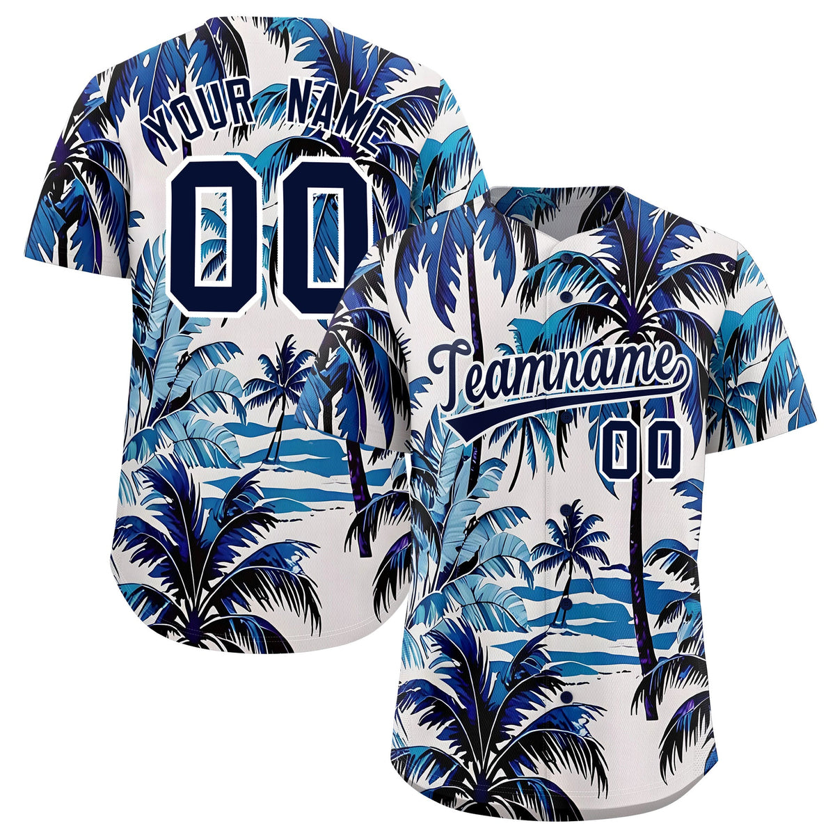Custom Navy White Palm Tree Pattern Graffiti Hawaiian Style Baseball Jersey| KXKSHOP