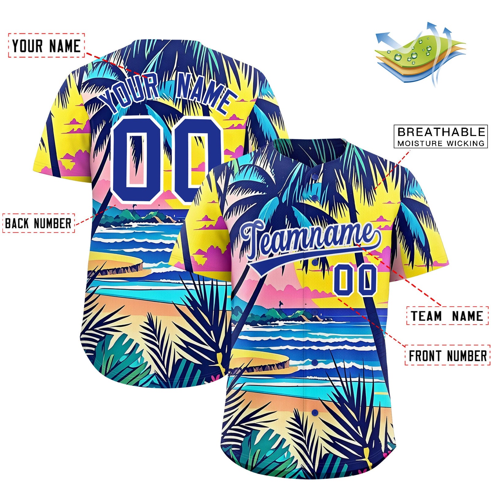Custom Royal Blue White Palm Tree Pattern Graffiti Hawaiian Style Baseball Jersey| KXKSHOP