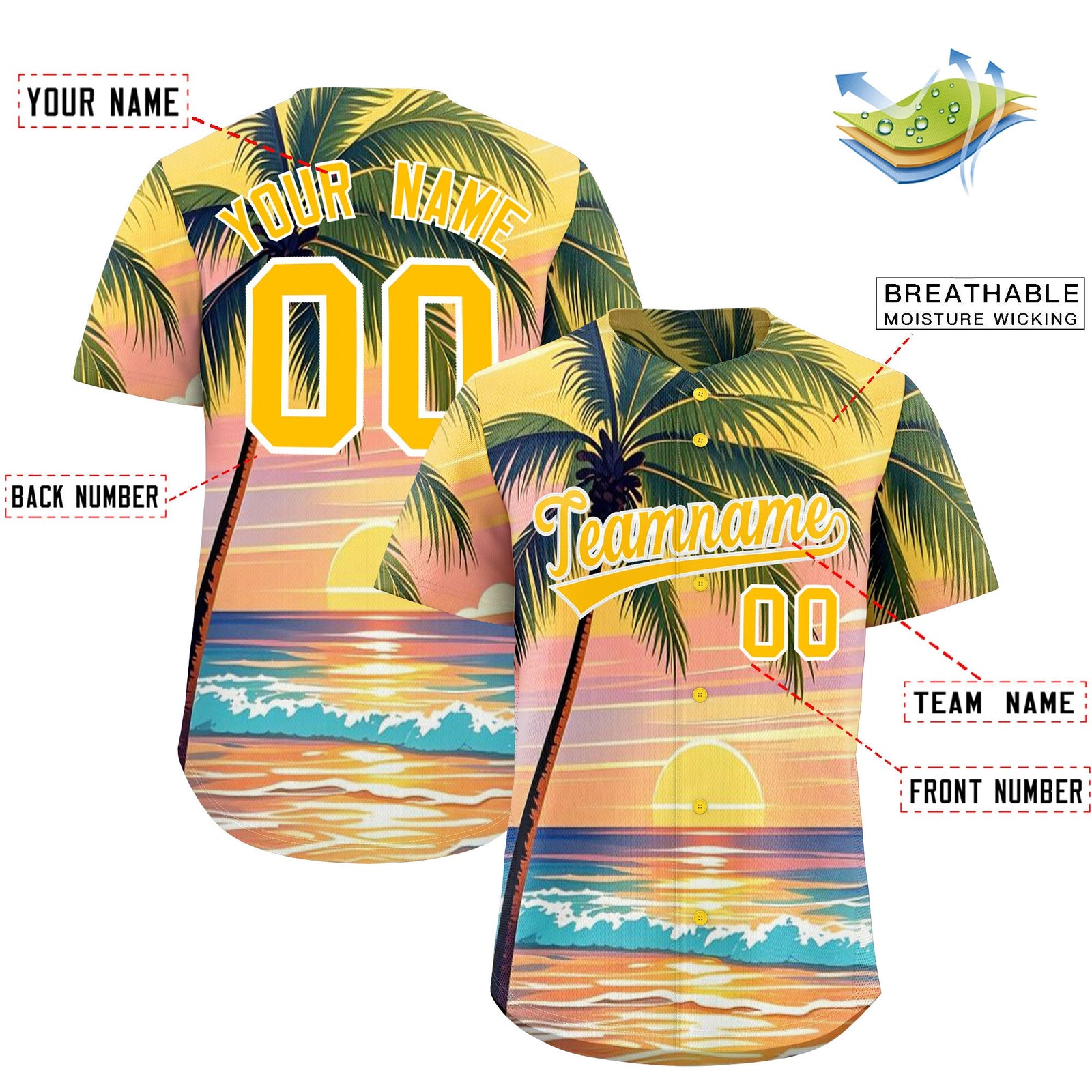 Custom Yellow White Palm Tree Pattern Graffiti Hawaiian Style Baseball Jersey| KXKSHOP