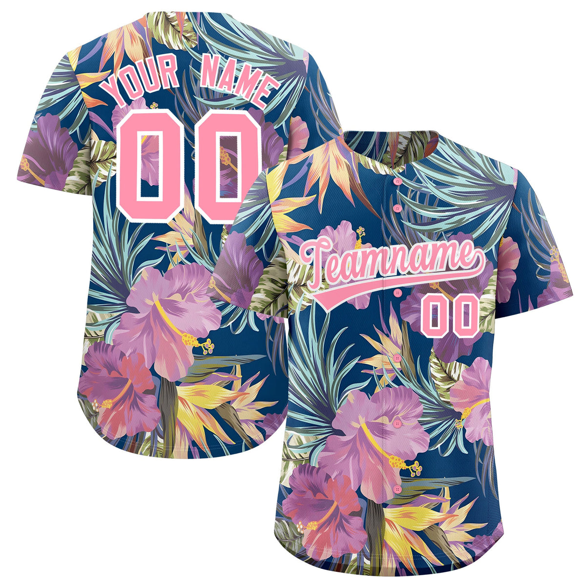 Custom Light Pink White Palm Tree Pattern Graffiti Hawaiian Style Baseball Jersey| KXKSHOP