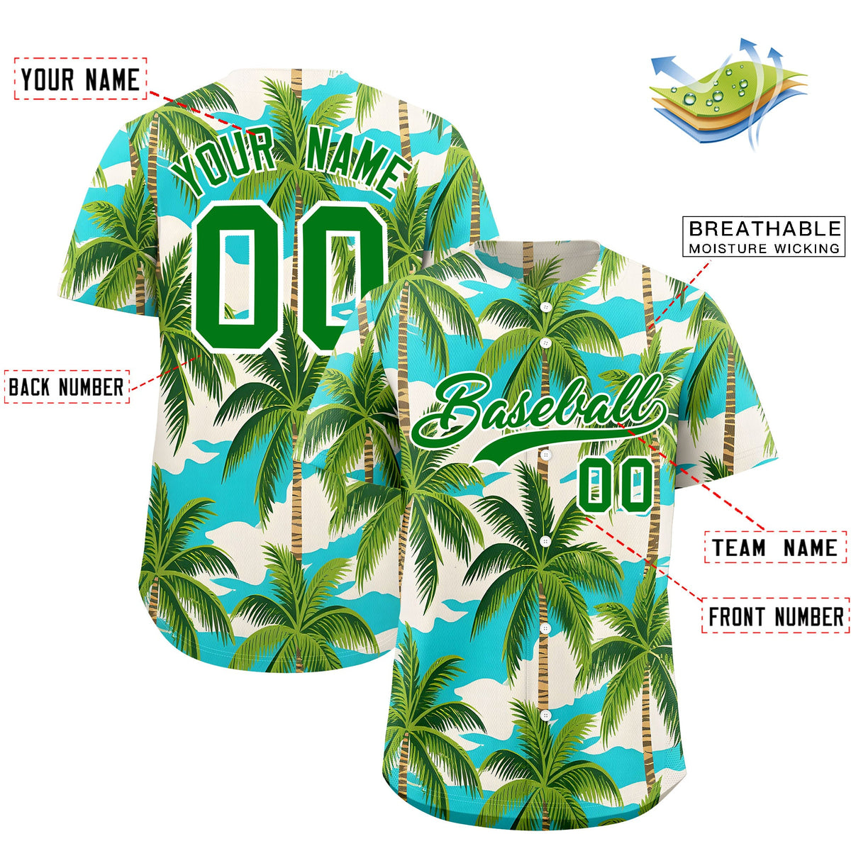 Custom Kelly Green White Palm Tree Pattern Graffiti Hawaiian Style Baseball Jersey| KXKSHOP