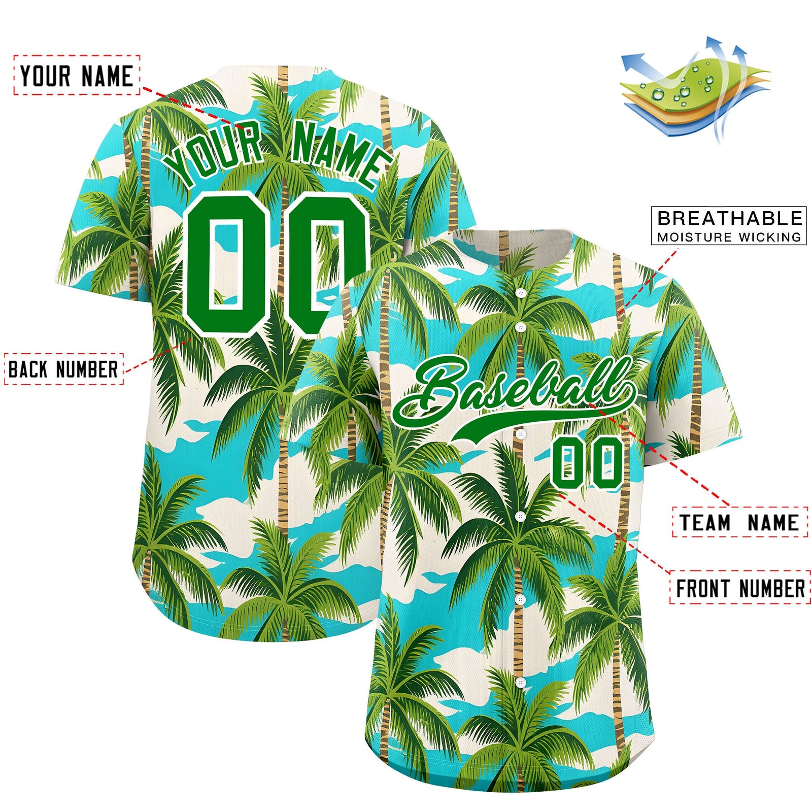 Custom Kelly Green White Palm Tree Pattern Graffiti Hawaiian Style Baseball Jersey| KXKSHOP