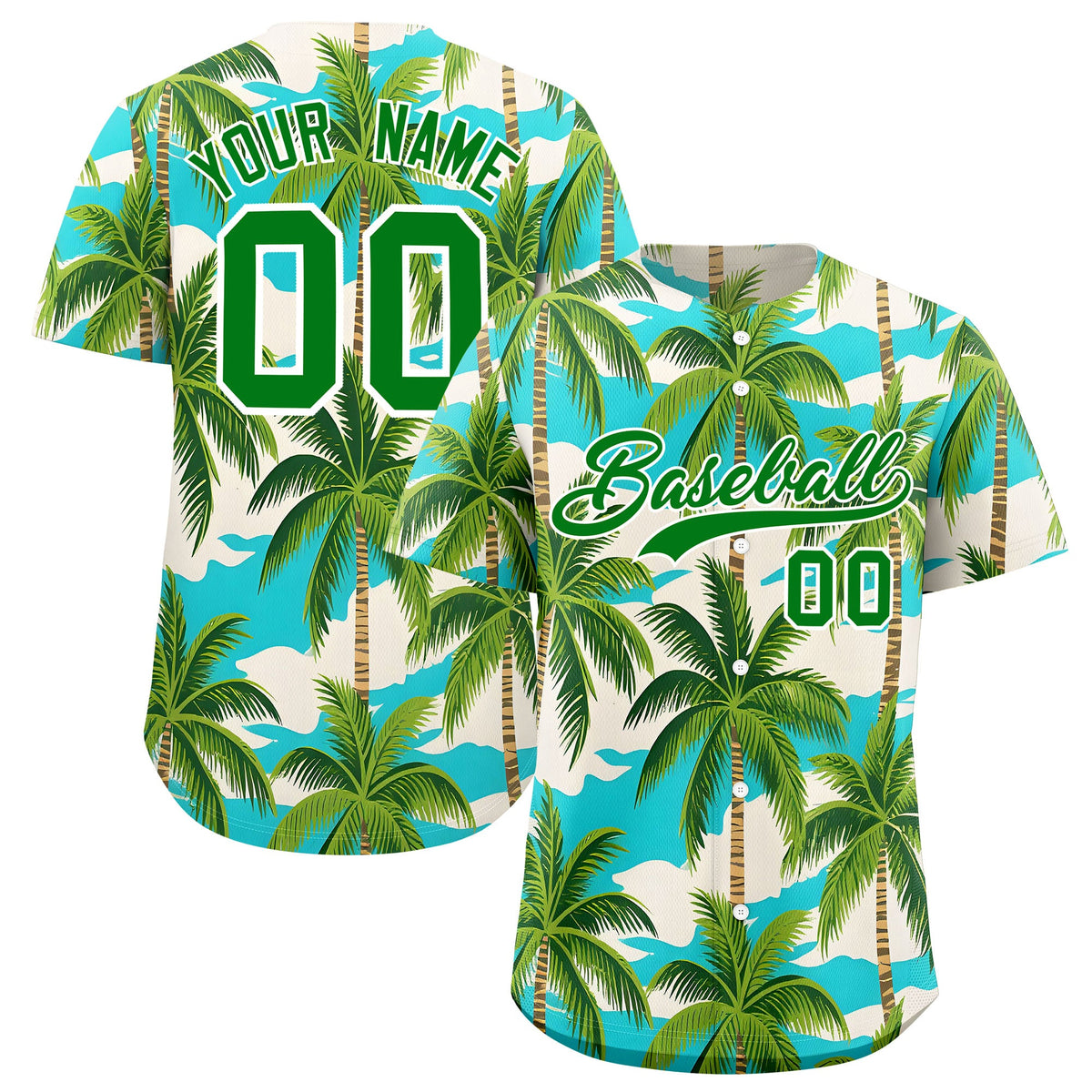 Custom Kelly Green White Palm Tree Pattern Graffiti Hawaiian Style Baseball Jersey| KXKSHOP