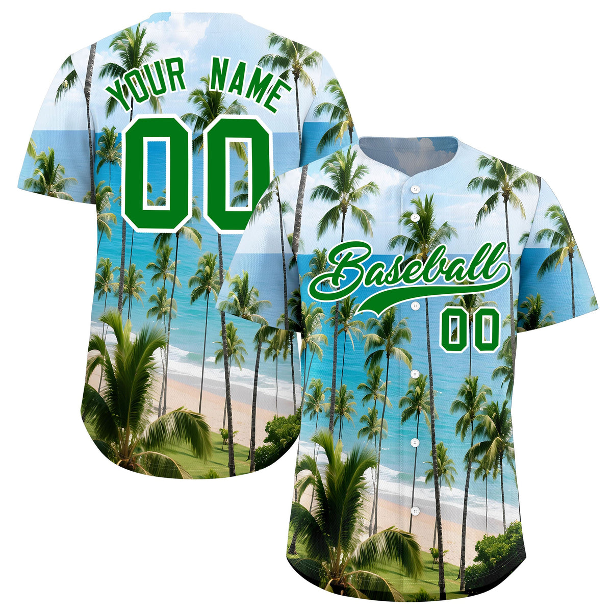Custom Kelly Green White Seaside Palm Tree Pattern Graffiti Hawaiian Style Baseball Jersey| KXKSHOP