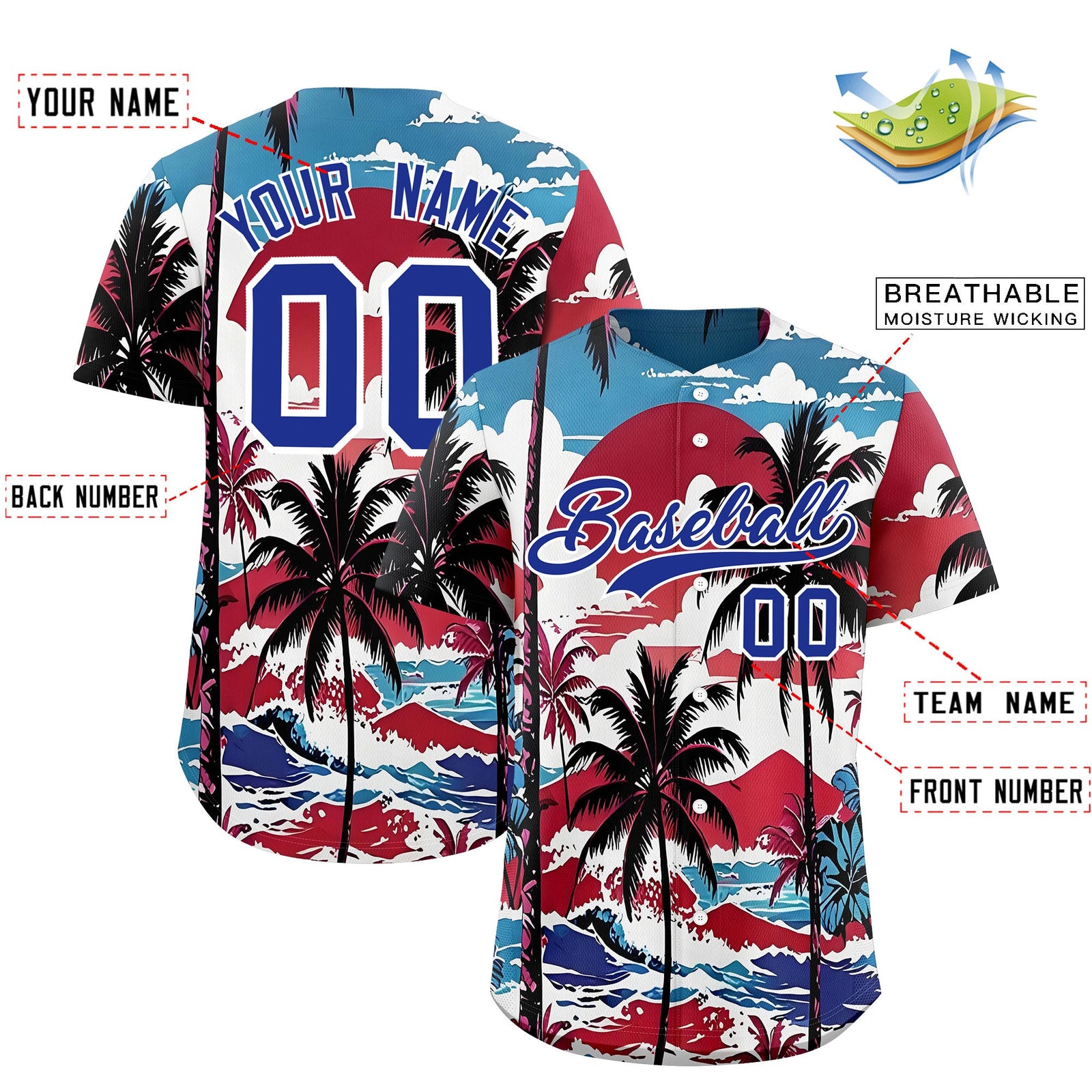 Custom White Royal Blue Palm Tree Pattern Graffiti Hawaiian Style Baseball Jersey| KXKSHOP