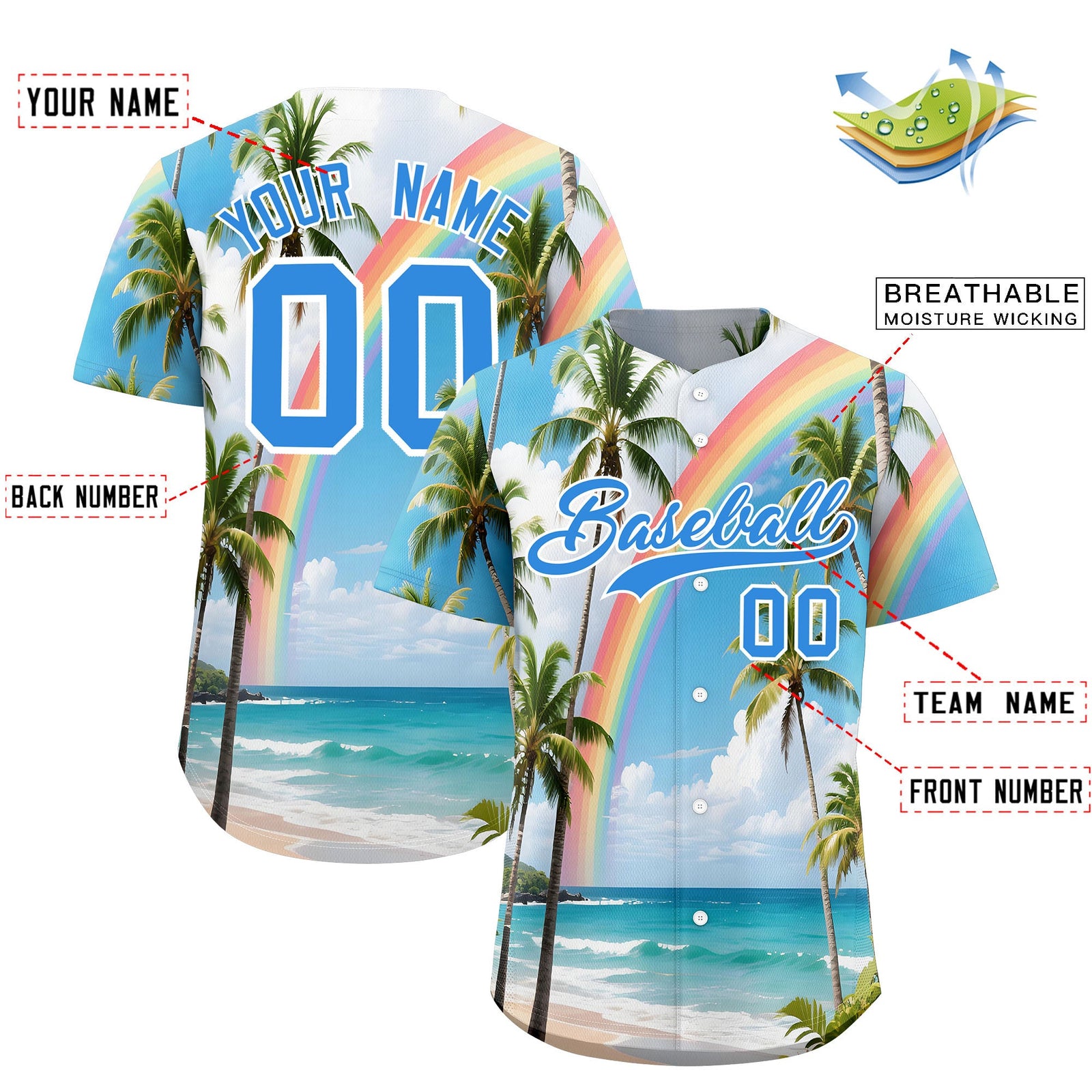 Custom Light Blue White Palm Tree Pattern Graffiti Hawaiian Style Baseball Jersey| KXKSHOP