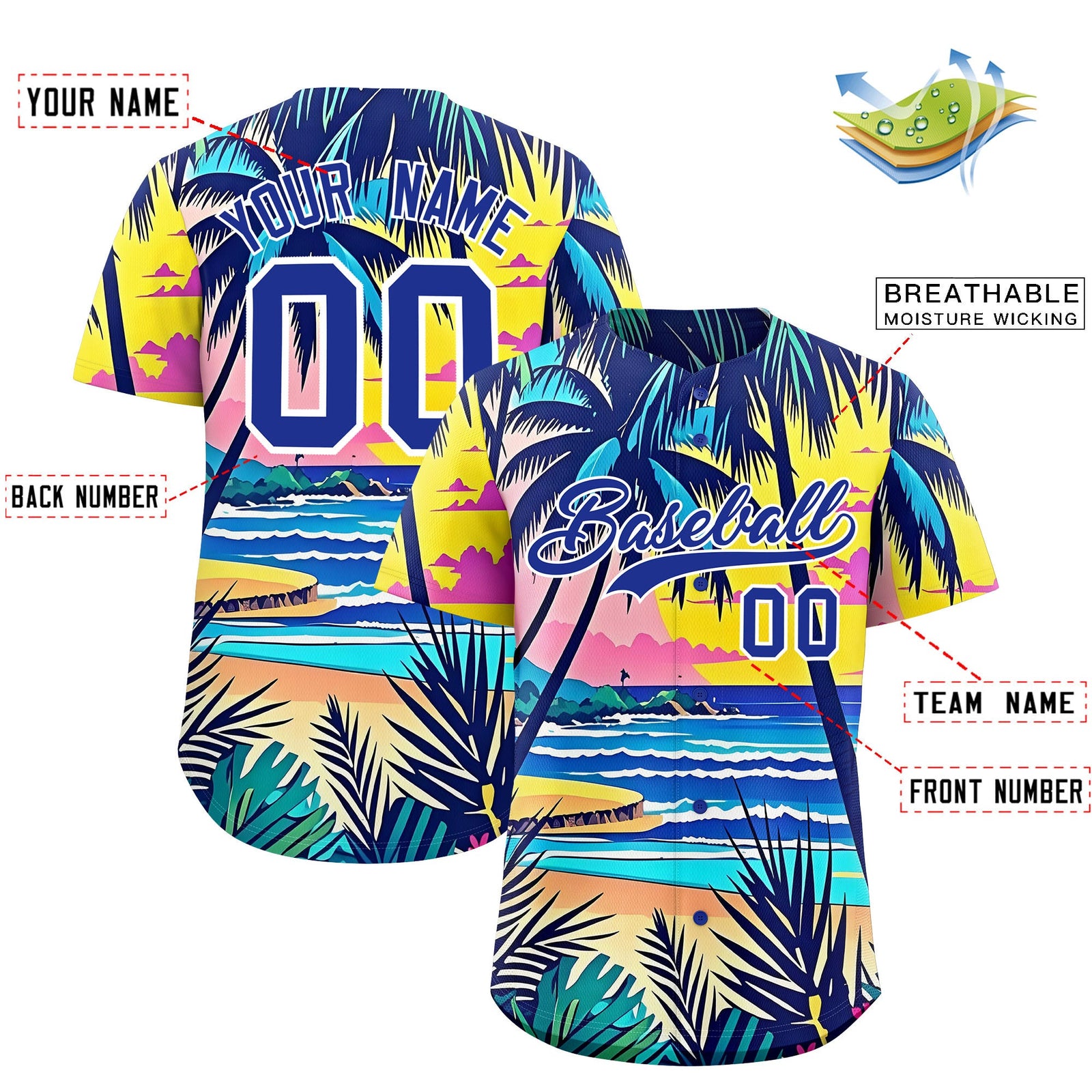 Custom Royal Blue White Palm Tree Pattern Graffiti Hawaiian Style Baseball Jersey| KXKSHOP