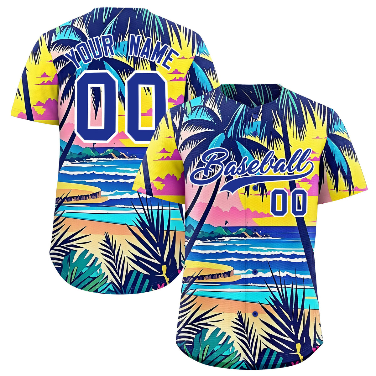 Custom Royal Blue White Palm Tree Pattern Graffiti Hawaiian Style Baseball Jersey| KXKSHOP