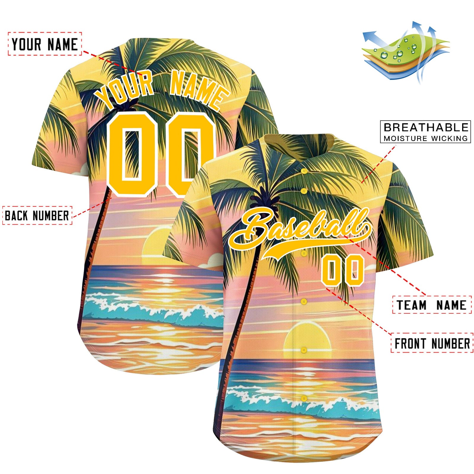 Custom Yellow White Palm Tree Pattern Graffiti Hawaiian Style Baseball Jersey| KXKSHOP