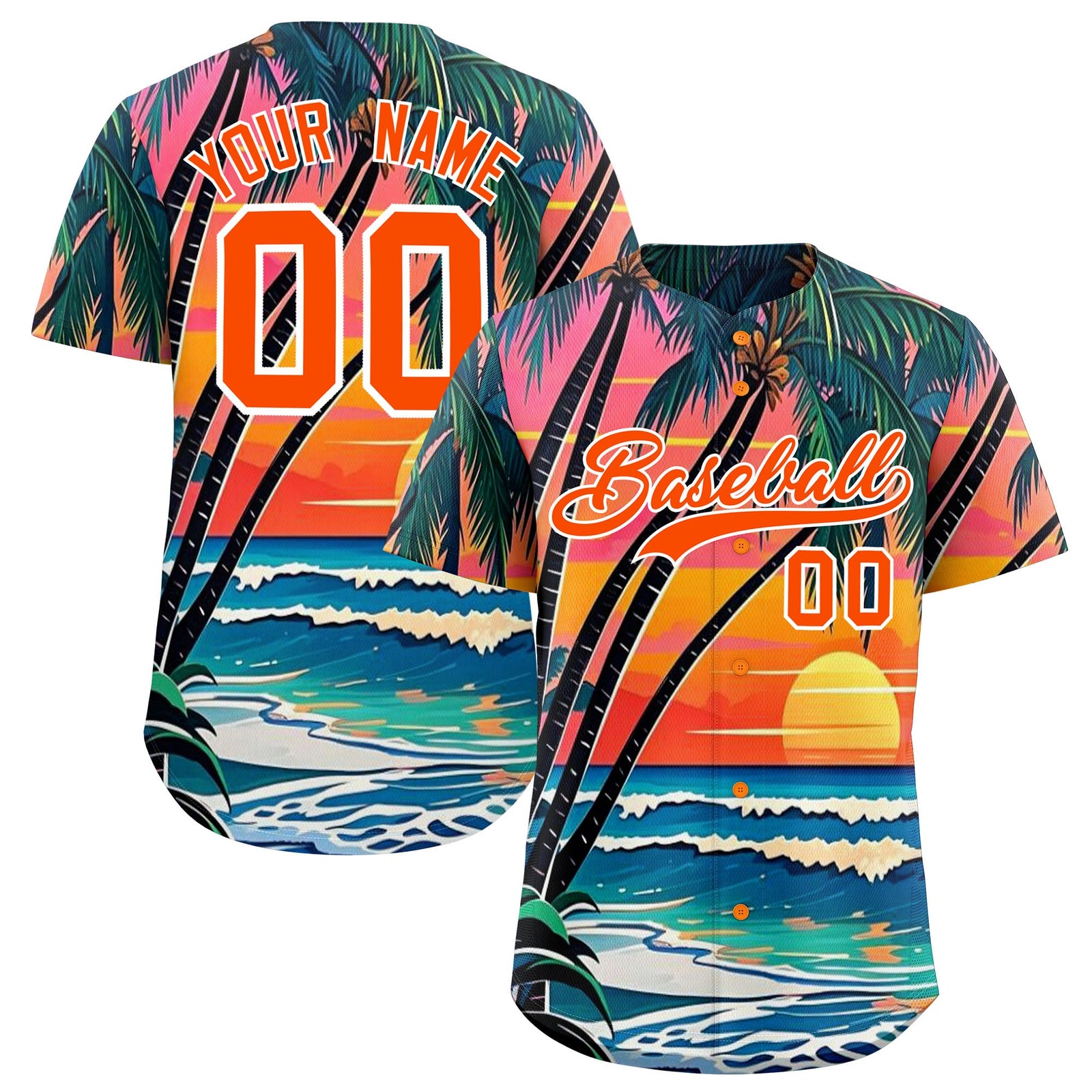 Custom Orange White Palm Tree Pattern Graffiti Hawaiian Style Baseball Jersey| KXKSHOP