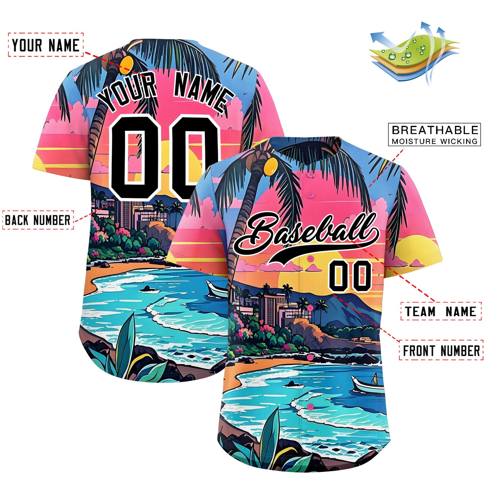 Custom Black White Seaside Palm Tree Pattern Graffiti Hawaiian Style Baseball Jersey| KXKSHOP