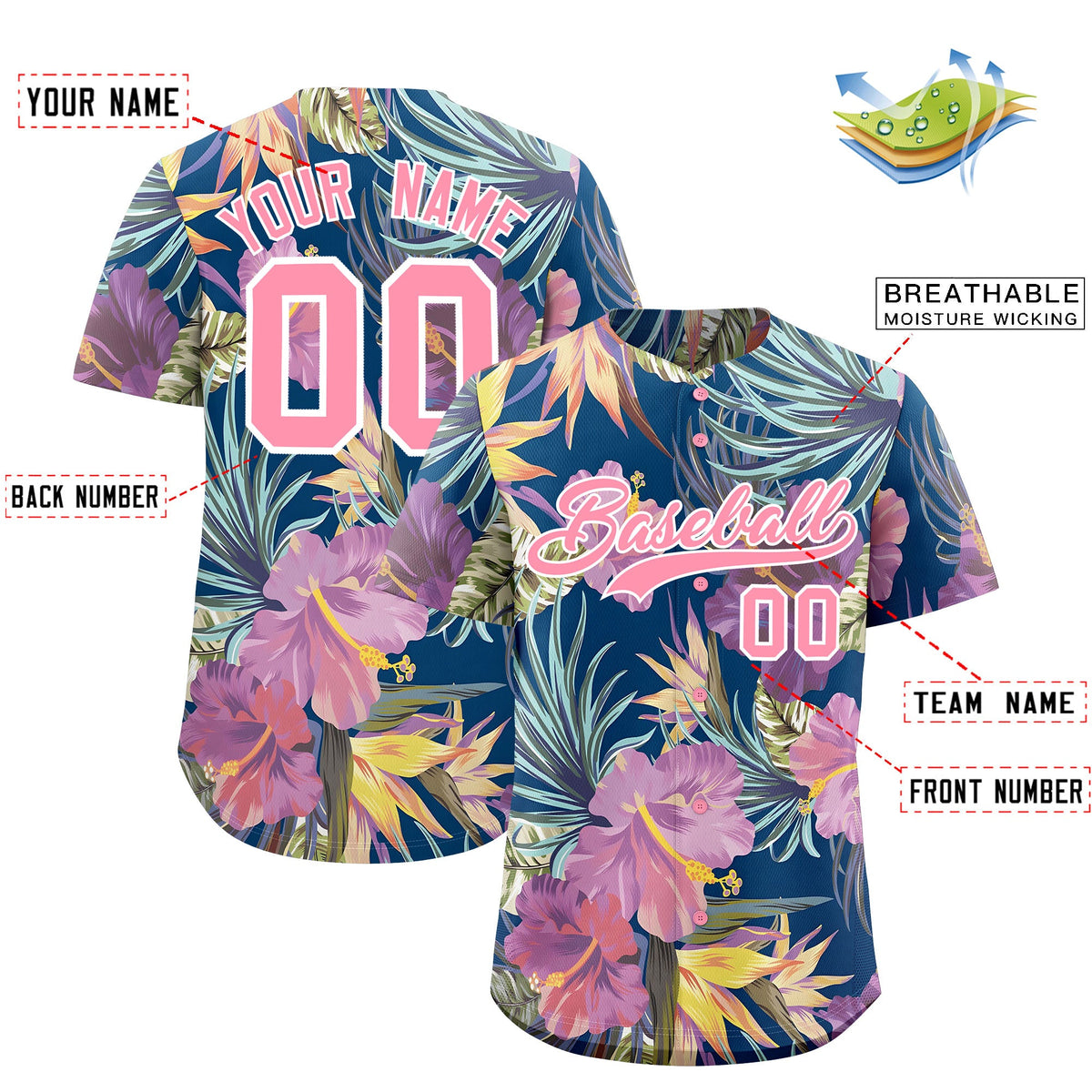 Custom Light Pink White Palm Tree Pattern Graffiti Hawaiian Style Baseball Jersey| KXKSHOP