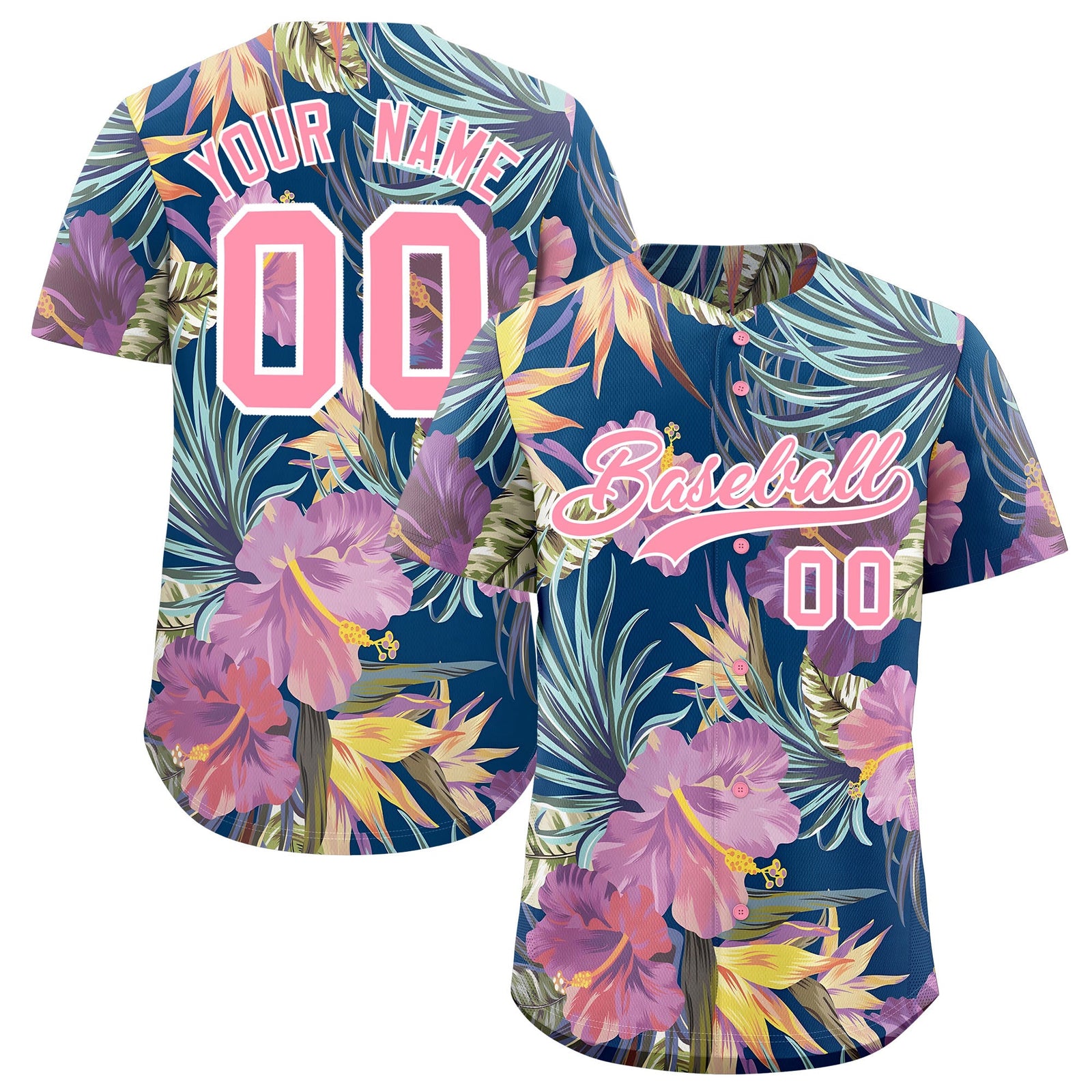 Custom Light Pink White Palm Tree Pattern Graffiti Hawaiian Style Baseball Jersey| KXKSHOP