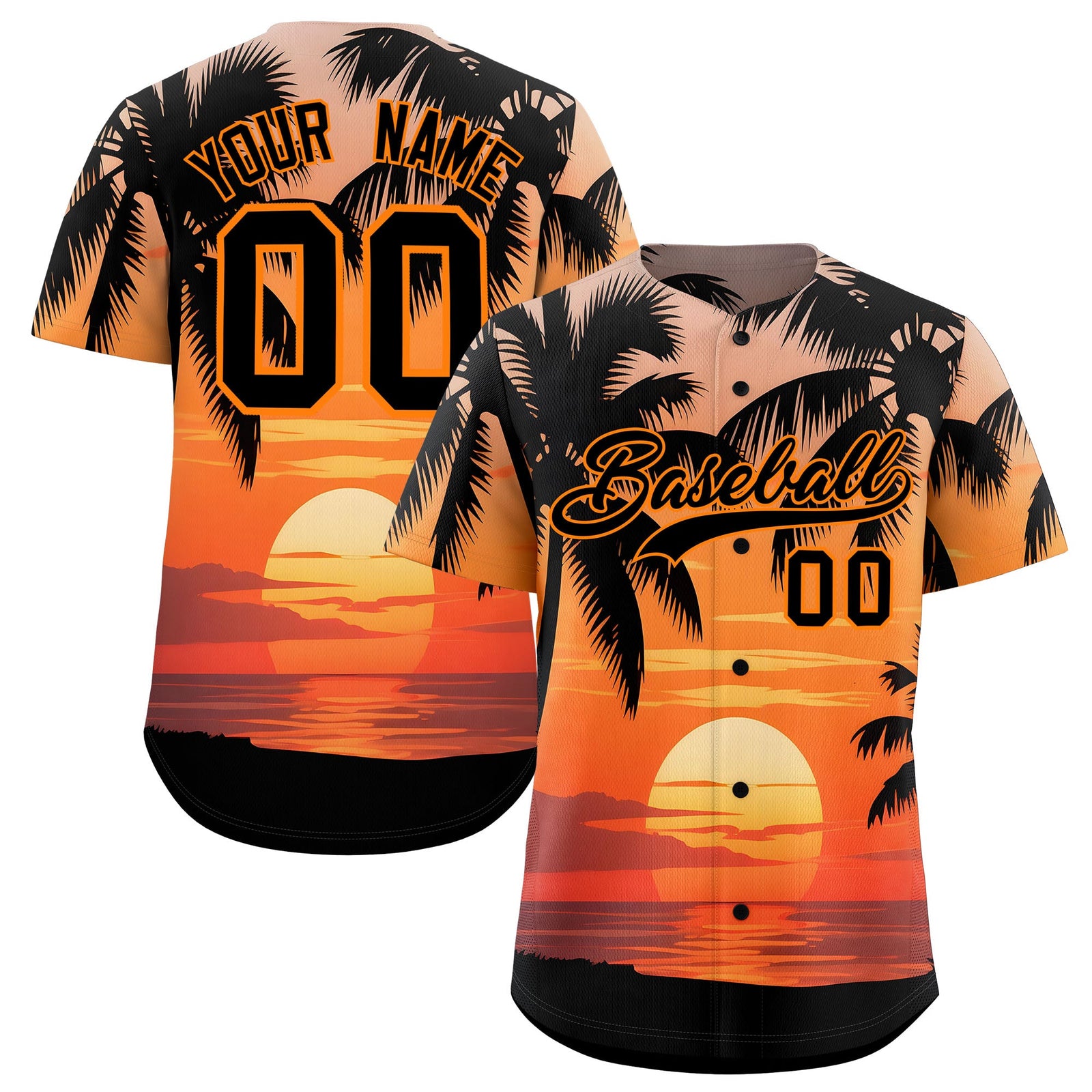 Custom Black Orange Palm Tree Pattern Graffiti Hawaiian Style Baseball Jersey| KXKSHOP