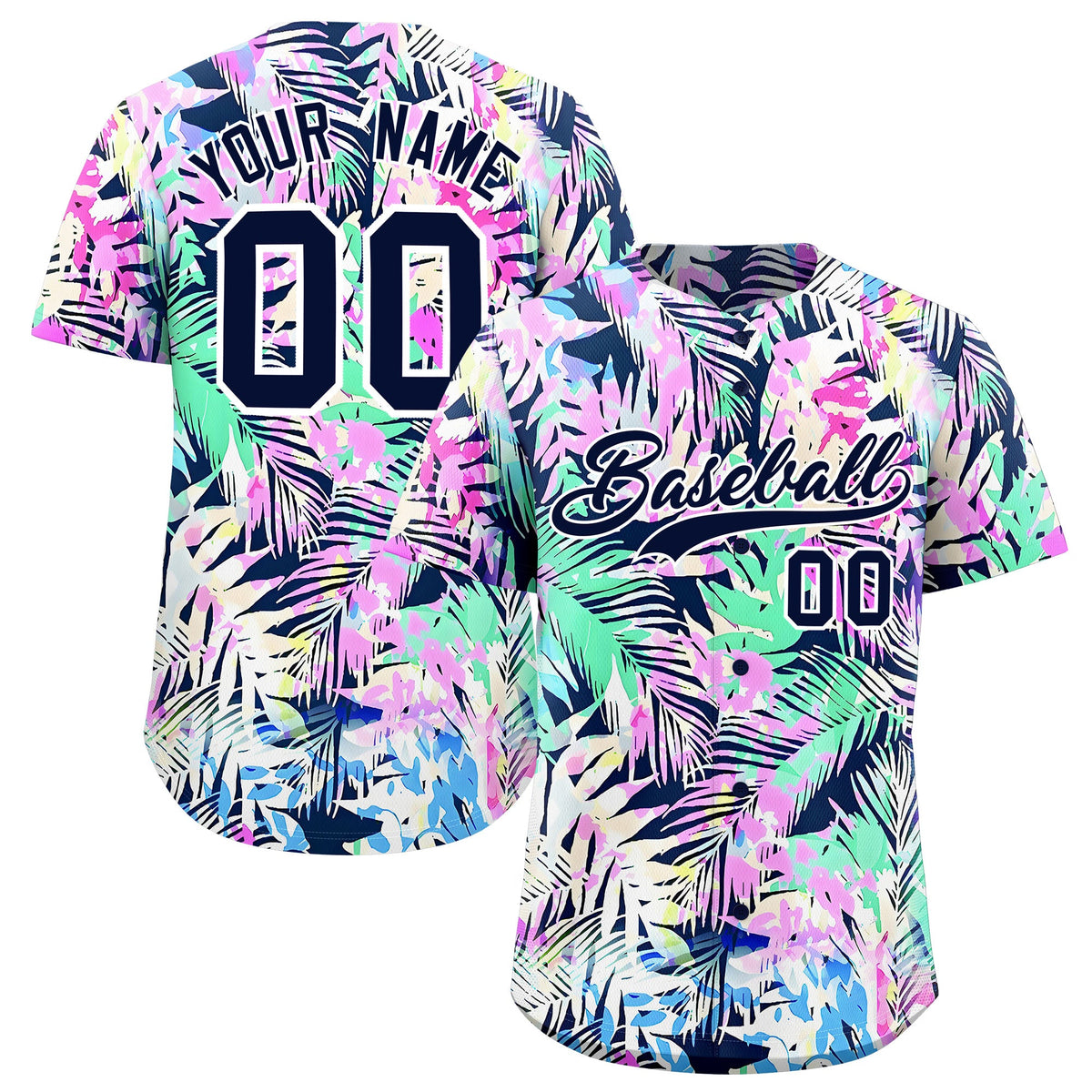 Custom White Navy Palm Tree Pattern Graffiti Hawaiian Style Baseball Jersey| KXKSHOP