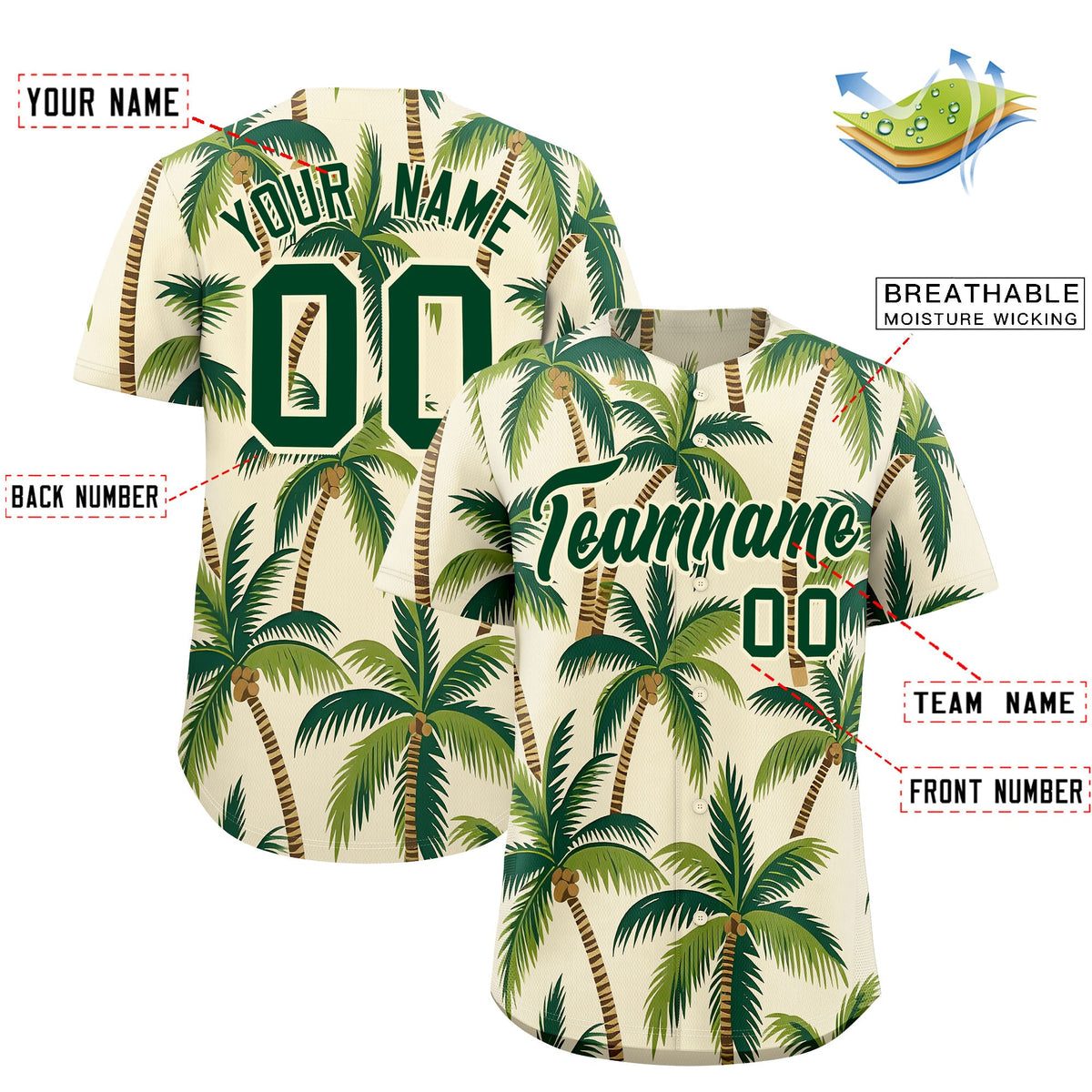 Custom Green Cream Palm Tree Pattern Graffiti Hawaiian Style Baseball Jersey| KXKSHOP