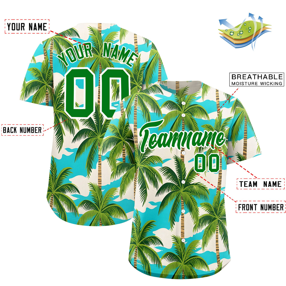 Custom Kelly Green White Palm Tree Pattern Graffiti Hawaiian Style Baseball Jersey| KXKSHOP