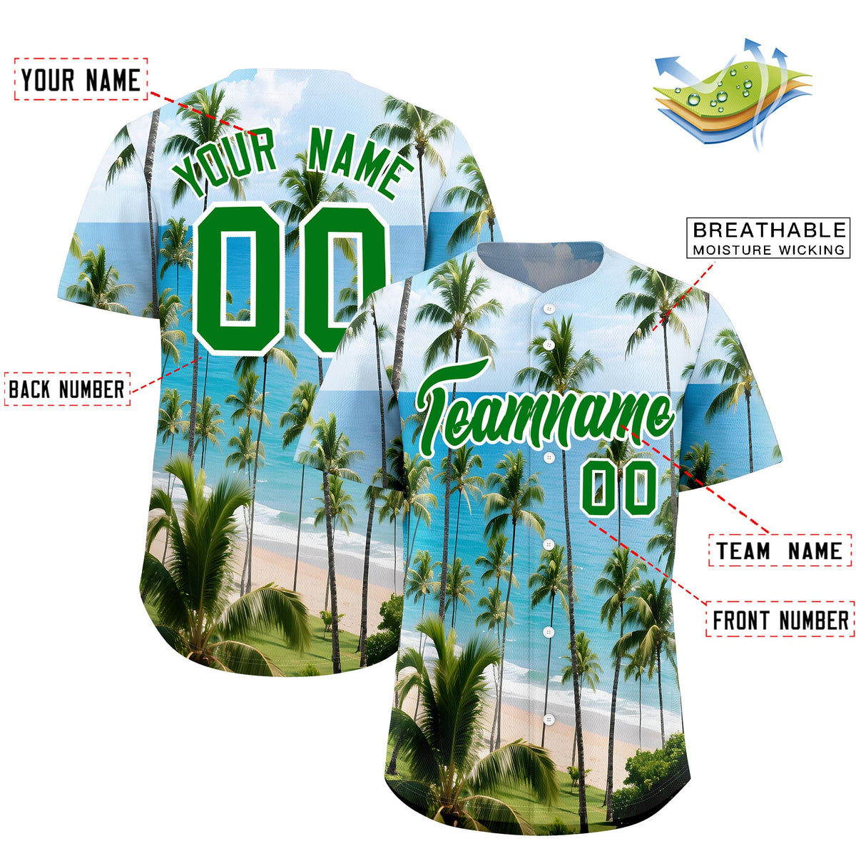 Custom Kelly Green White Seaside Palm Tree Pattern Graffiti Hawaiian Style Baseball Jersey| KXKSHOP