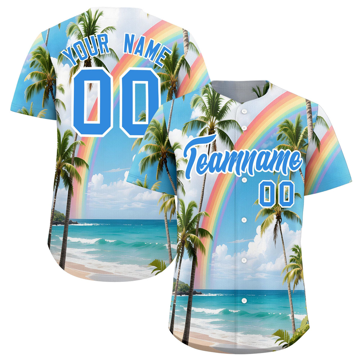 Custom Light Blue White Palm Tree Pattern Graffiti Hawaiian Style Baseball Jersey| KXKSHOP
