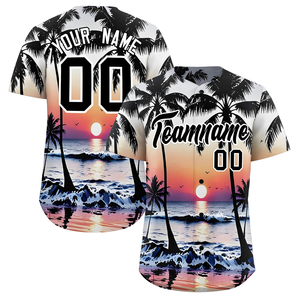 Custom Black White Sunset Palm Tree Pattern Graffiti Hawaiian Style Baseball Jersey| KXKSHOP
