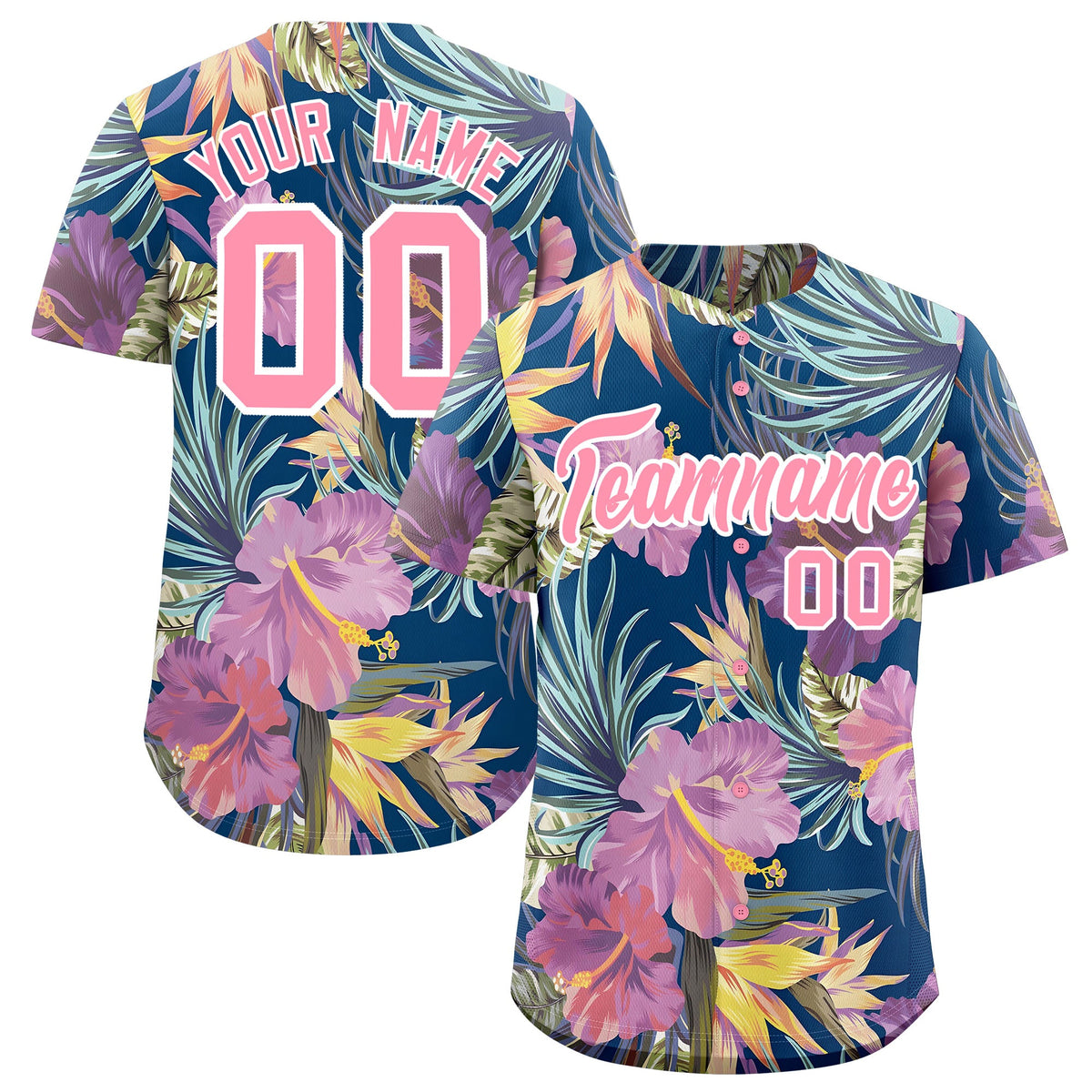 Custom Light Pink White Palm Tree Pattern Graffiti Hawaiian Style Baseball Jersey| KXKSHOP
