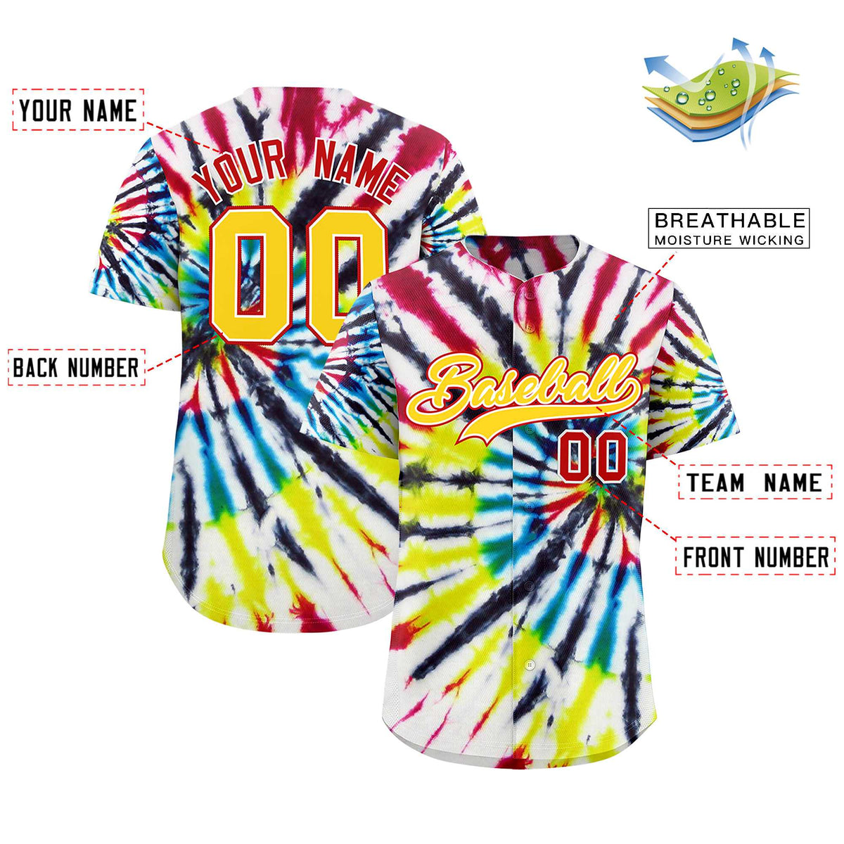 Custom Multi Color Tie-Dye Graffiti Pattern Authentic Baseball Jersey