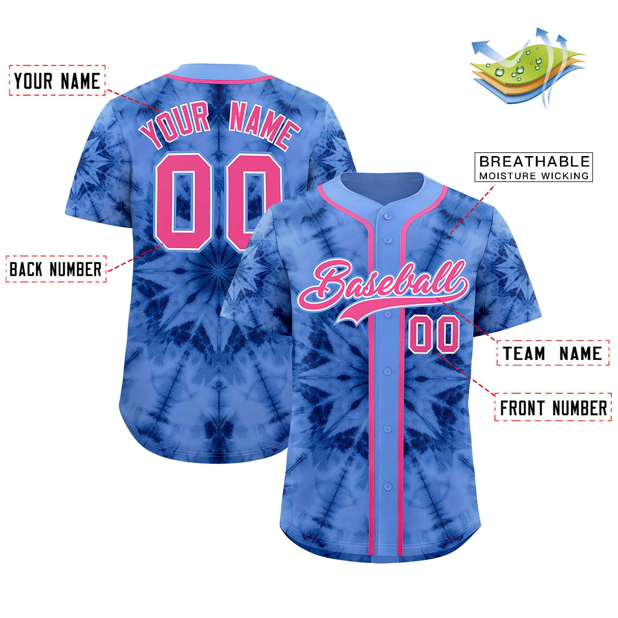 Custom Light Blue Tie-Dye Graffiti Pattern Authentic Baseball Jersey