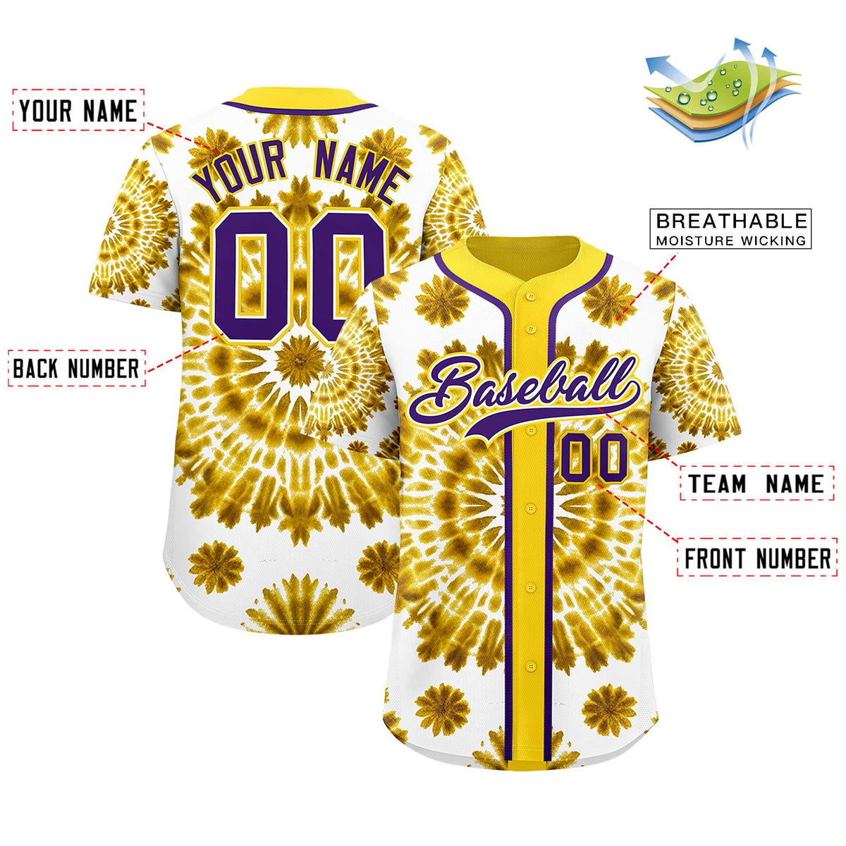 Custom Gold Tie-Dye Graffiti Pattern Authentic Baseball Jersey